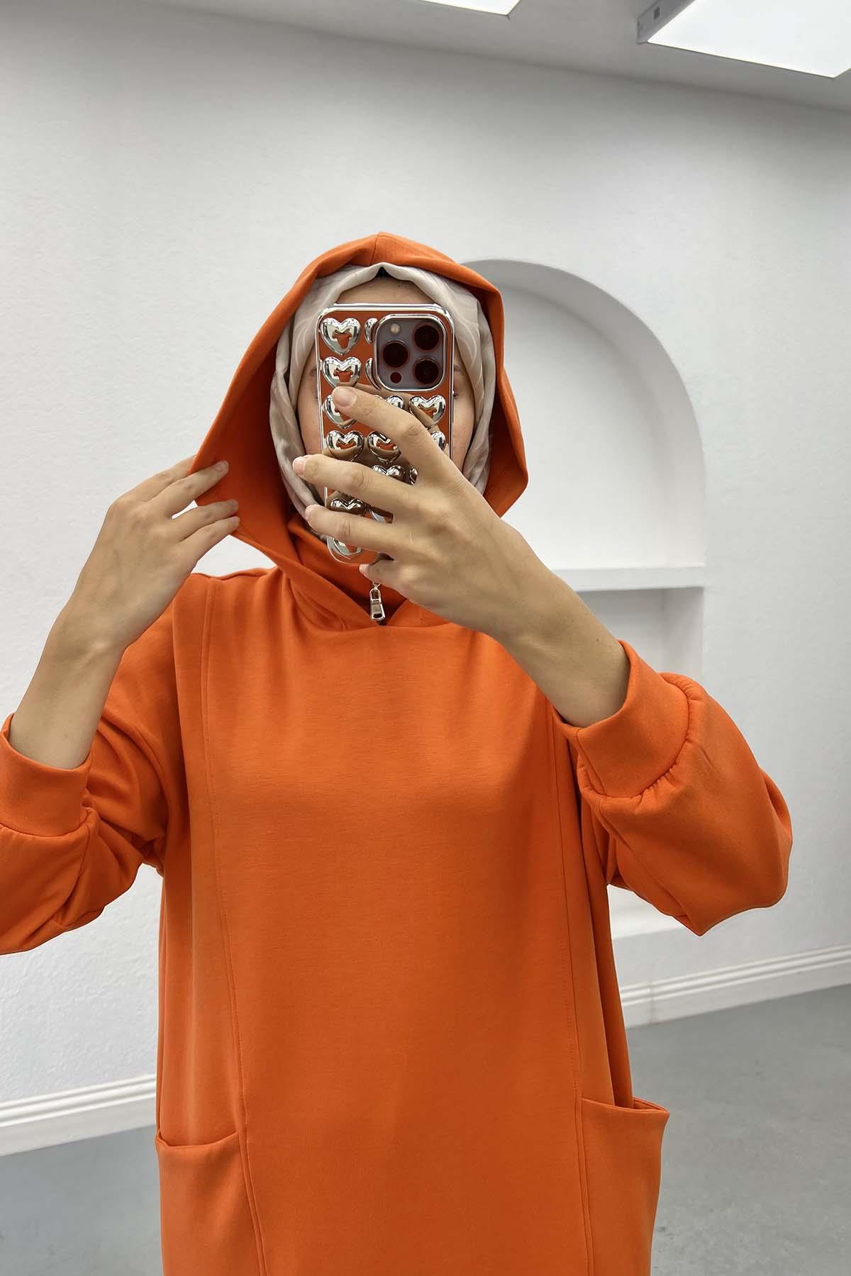 Kapüşonlu Sweat Elbise Turuncu
