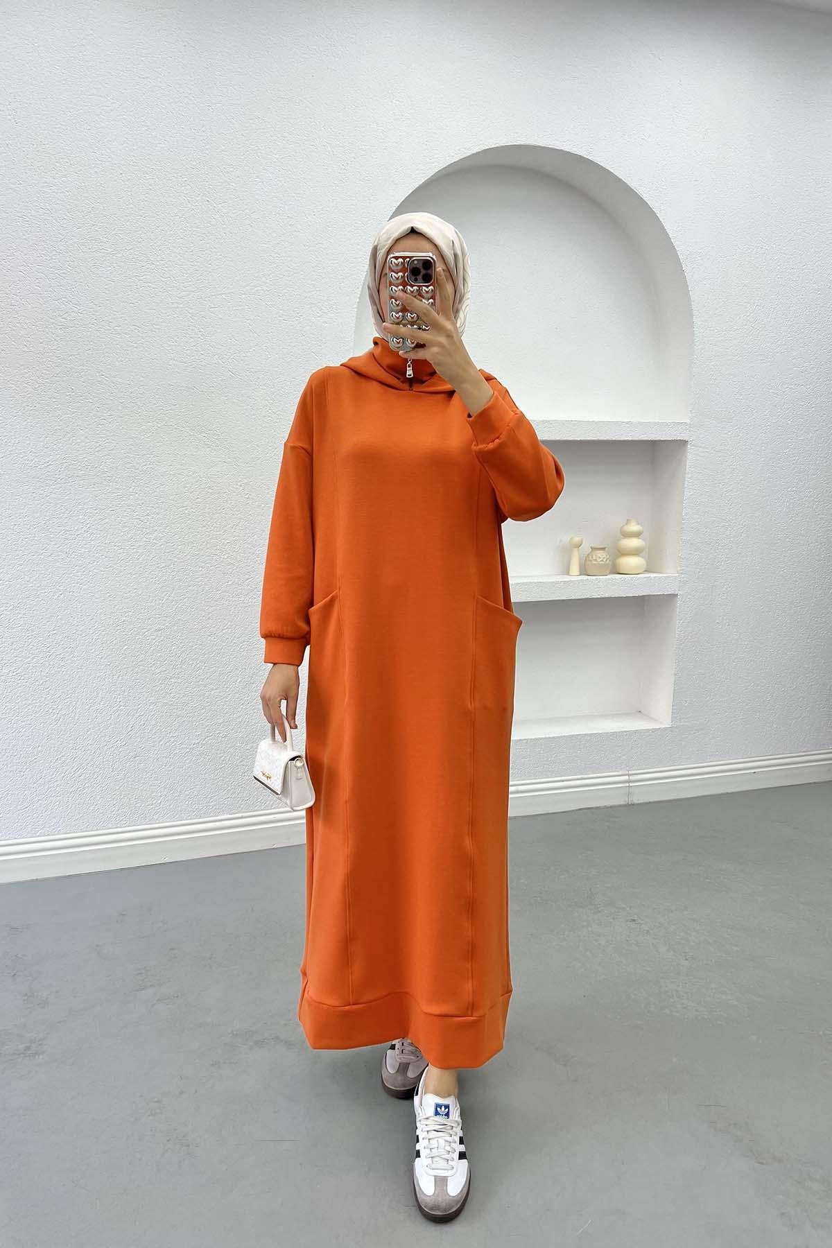 Kapüşonlu Sweat Elbise Turuncu