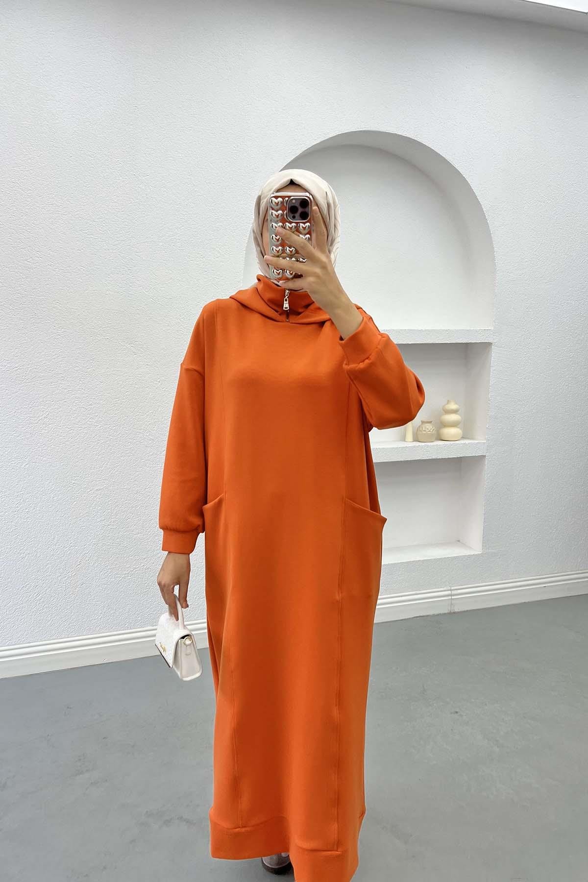 Kapüşonlu Sweat Elbise Turuncu
