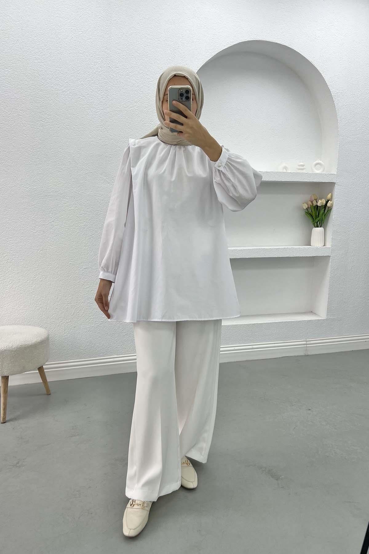 Kemerli Pantolon Beyaz