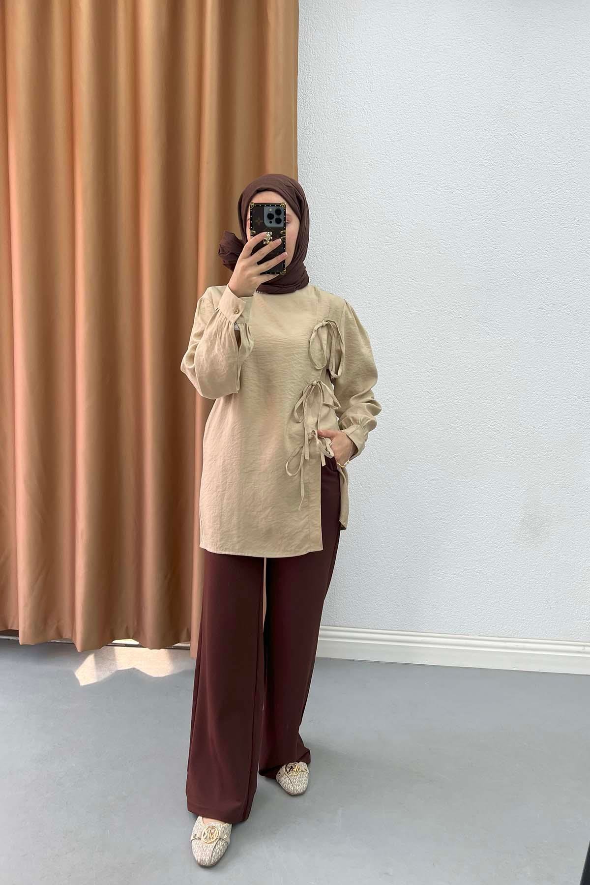 Kendinden Desenli Pantalon Acı Kahve