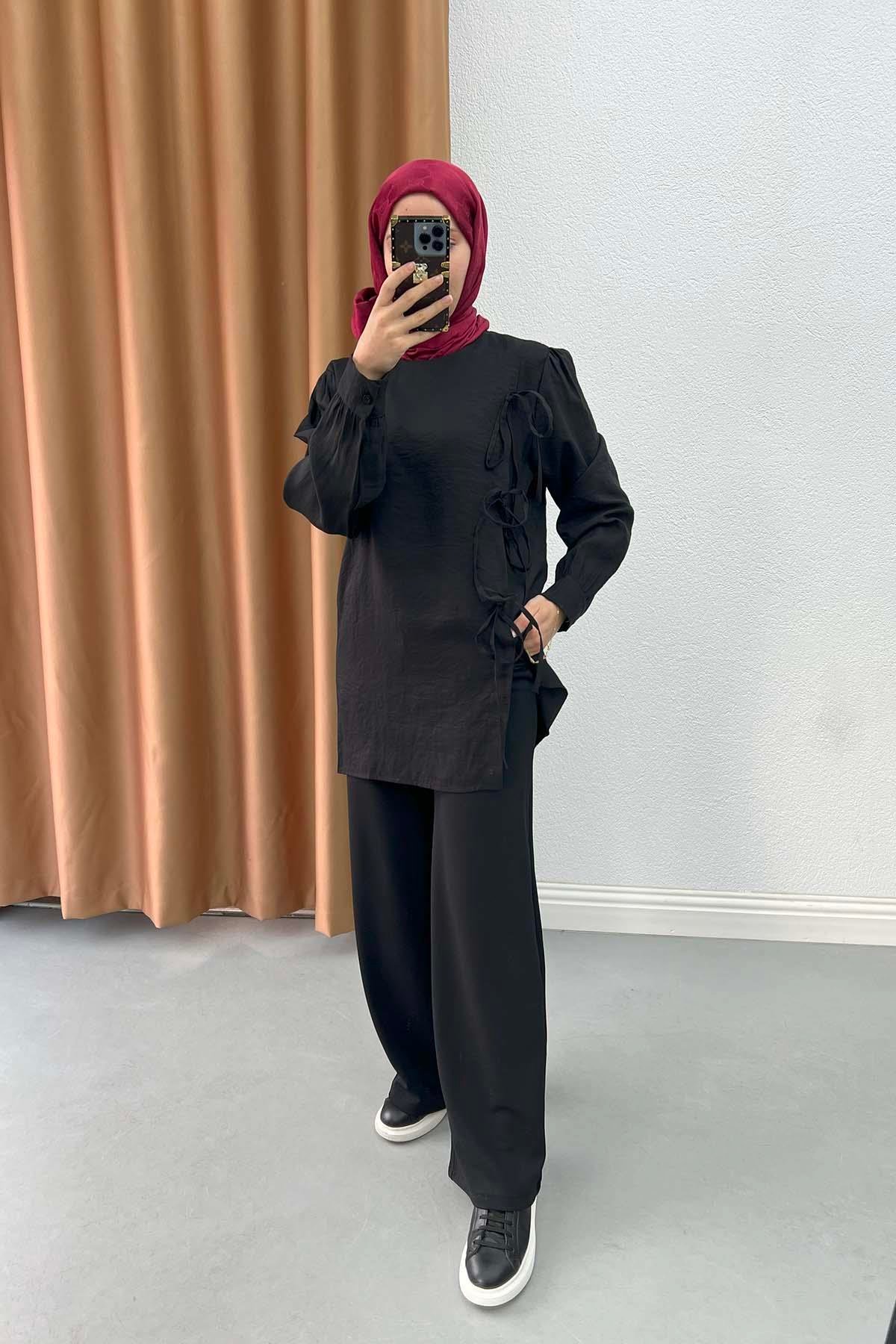 Kendinden Desenli Pantalon Siyah