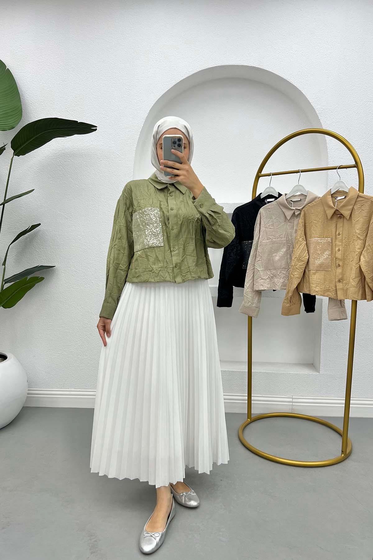 Kırışık Desen Crop Gömlek Haki