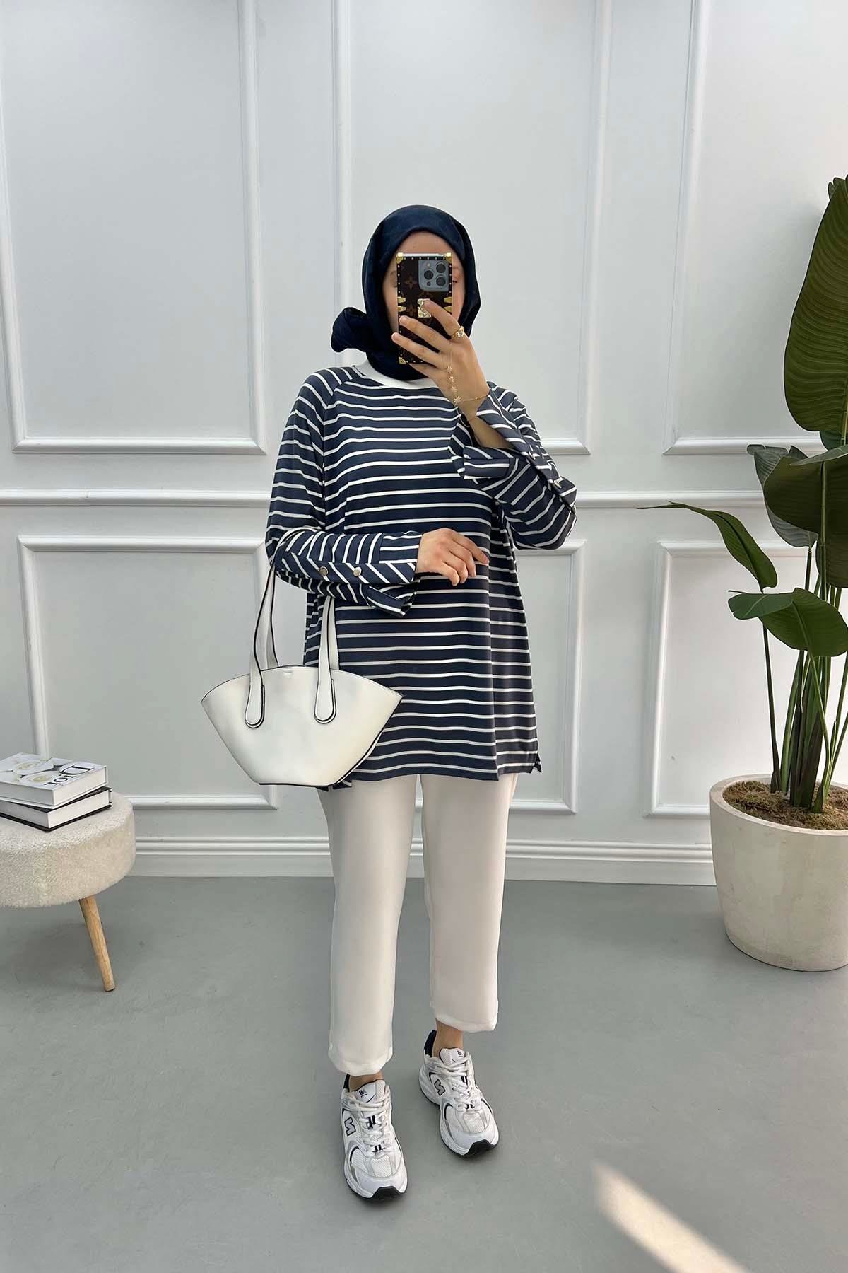 Kol Çıtçıtlı Çizgili Sweatshirt Antrasit