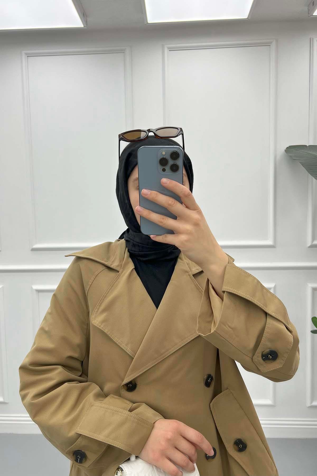 Kol Kemerli Kısa Trençkot Camel