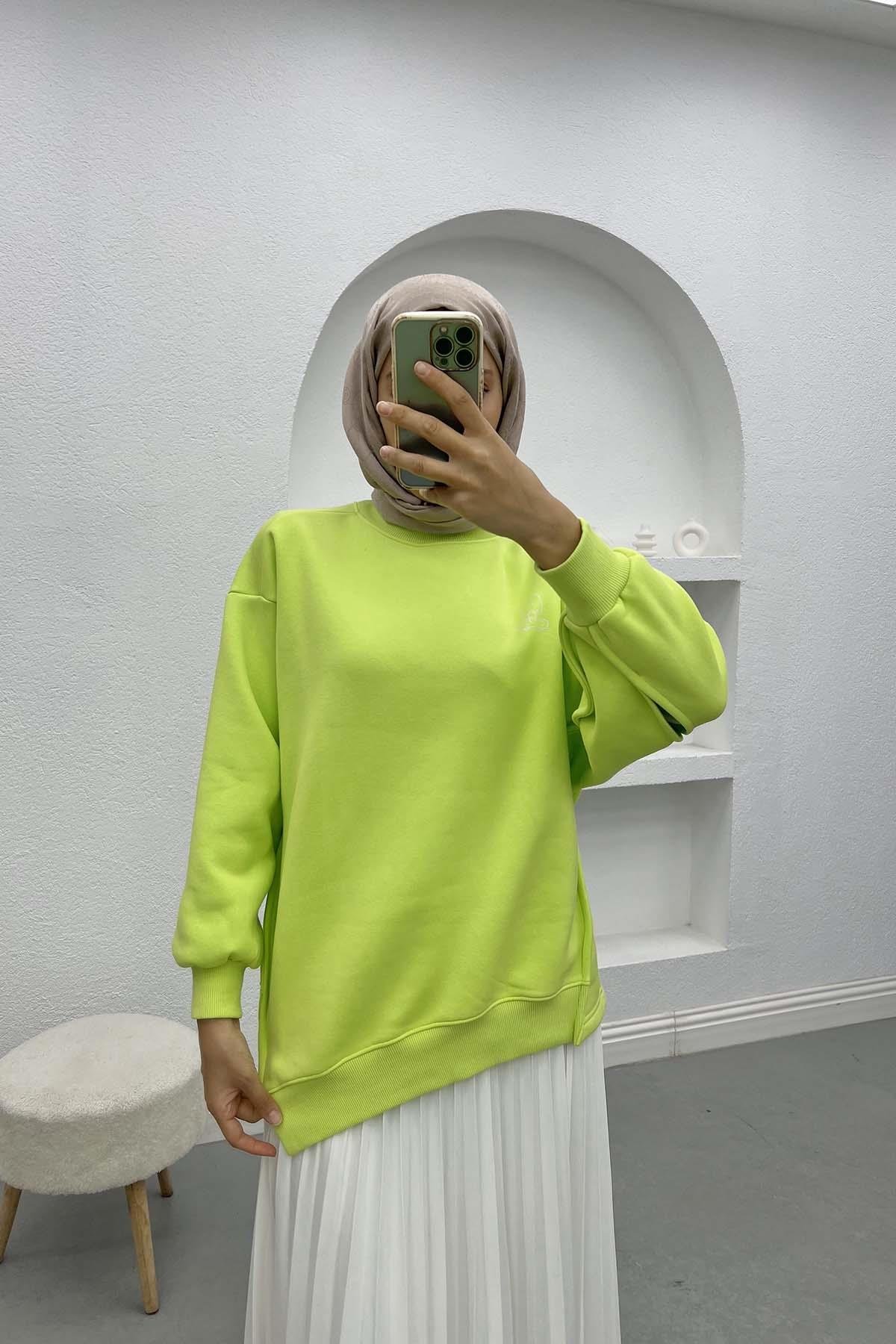 Kol Yırtmaçlı Üç İplik Sweatshirt Neon Yeşil