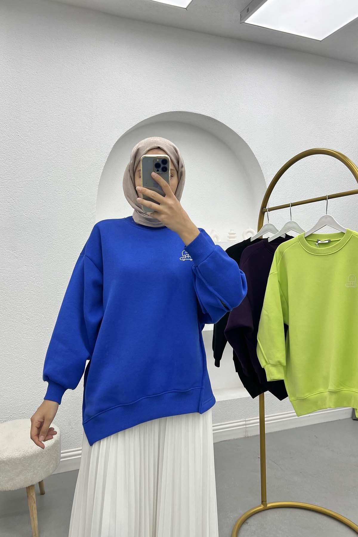 Kol Yırtmaçlı Üç İplik Sweatshirt Saks Mavi