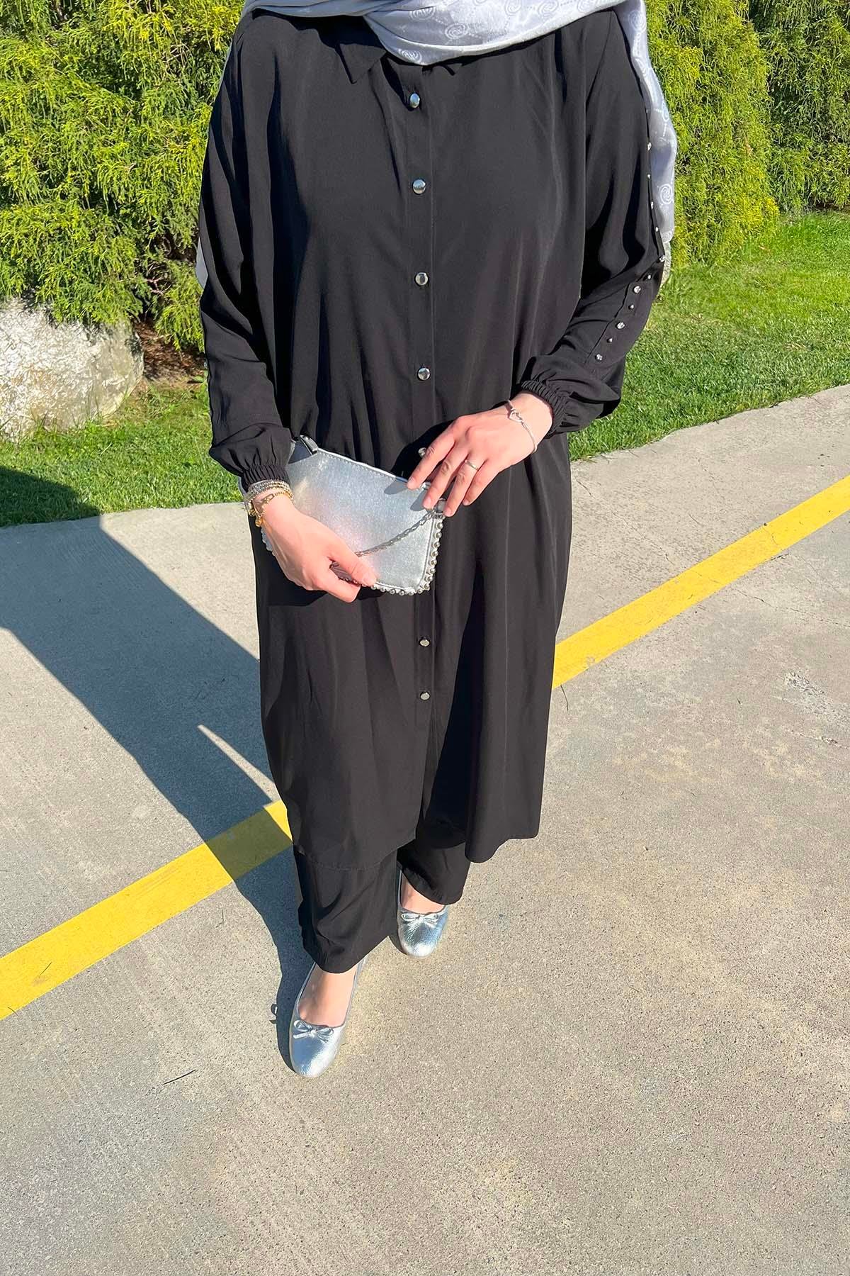 Kolları Taş Detaylı Pantalonlu Takım Siyah