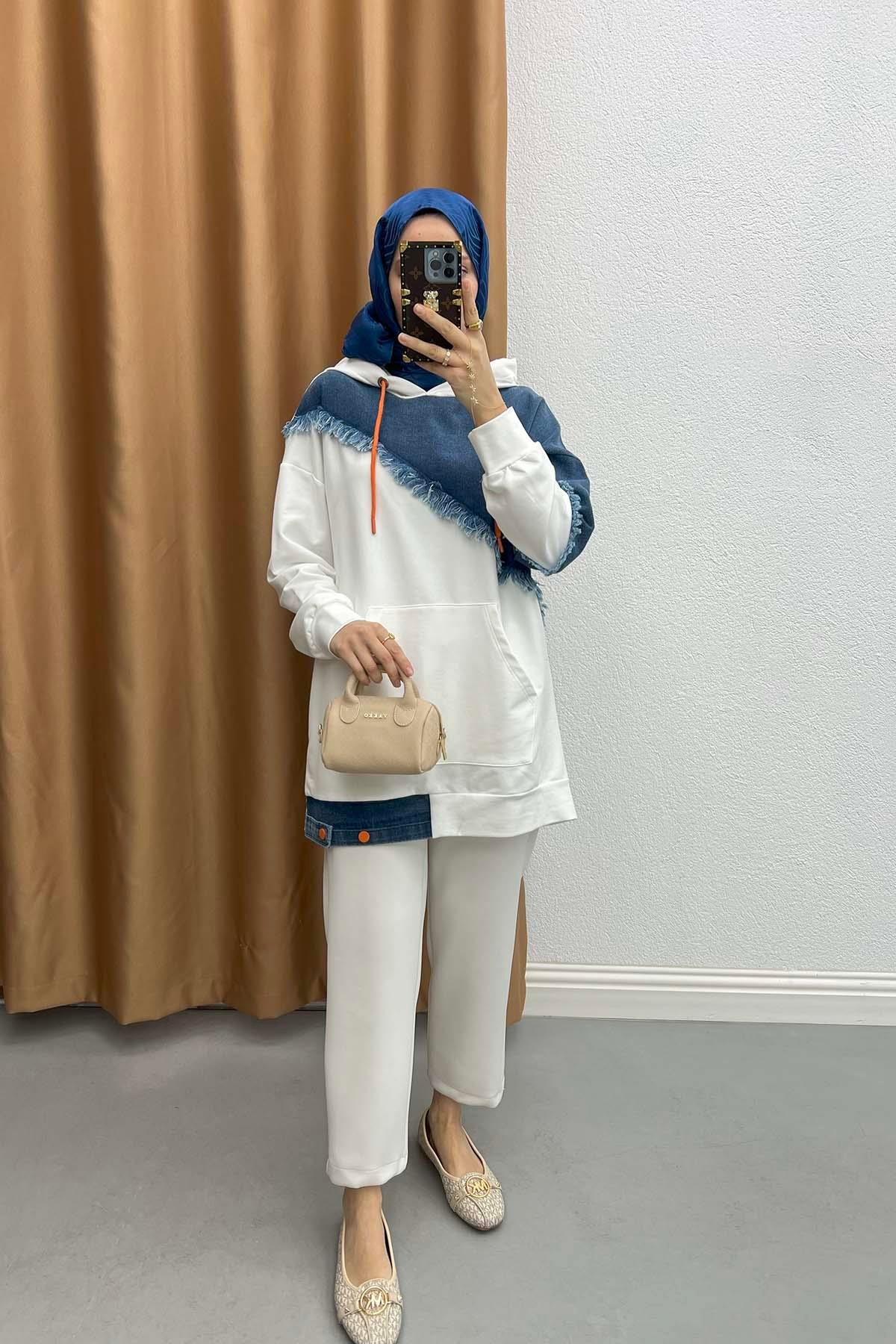 Kot Garnili Kapüşonlu Sweatshirt Beyaz