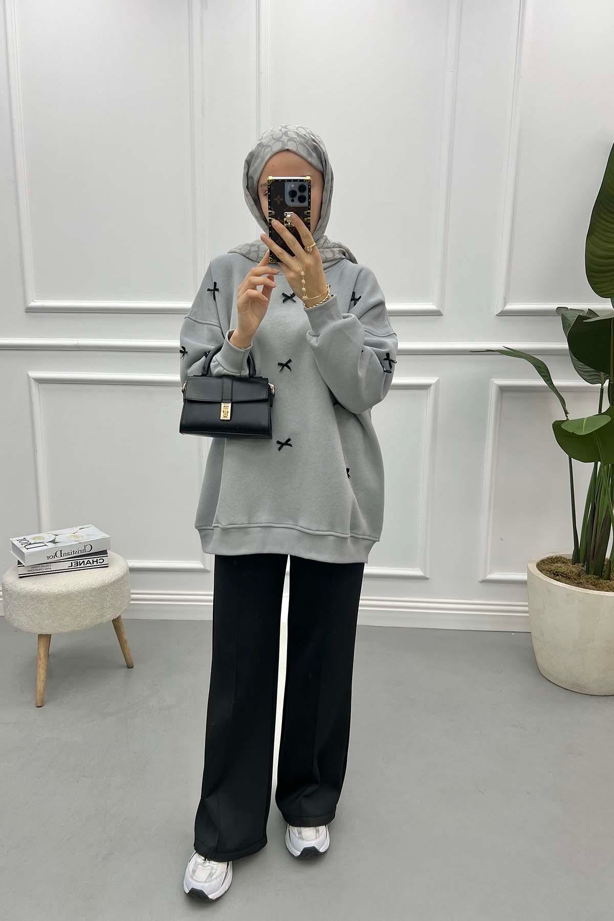 Kurdeleli Sweatshirt Açık Gri