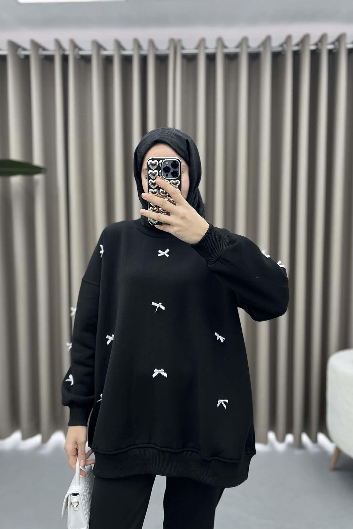Kurdeleli Sweatshirt Siyah