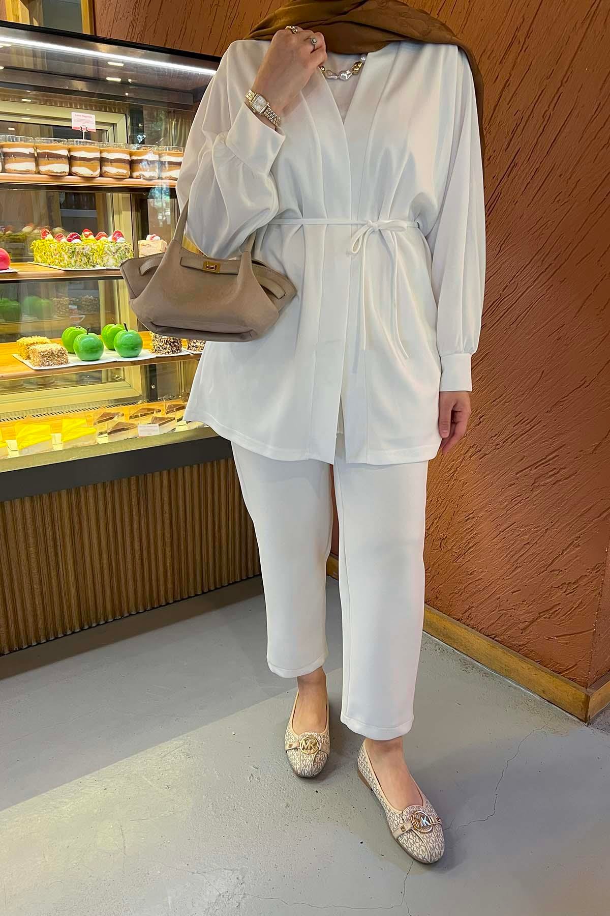 Kuşaklı Kimono Beyaz