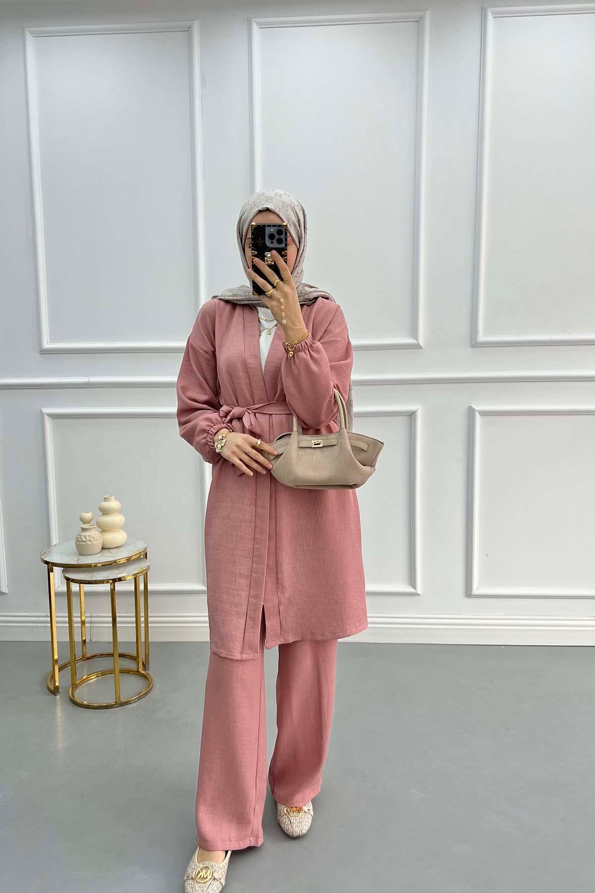 Kuşaklı Kimono Takım Gül Kurusu