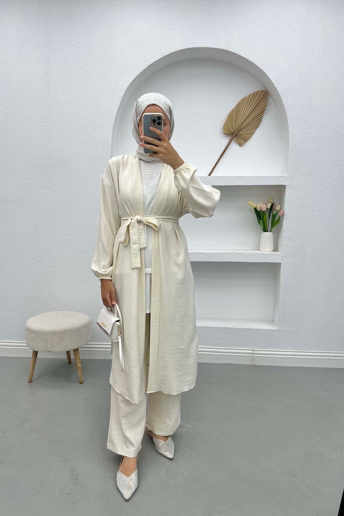Kuşaklı Kimono Takım Krem