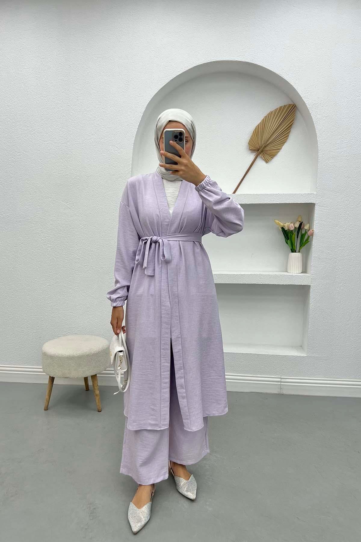 Kuşaklı Kimono Takım Lila