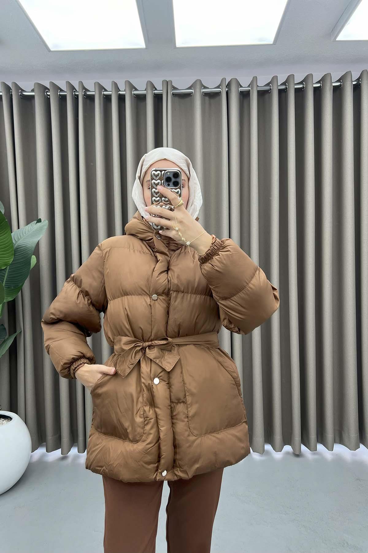 Kuşaklı Şişme Mont Kahve