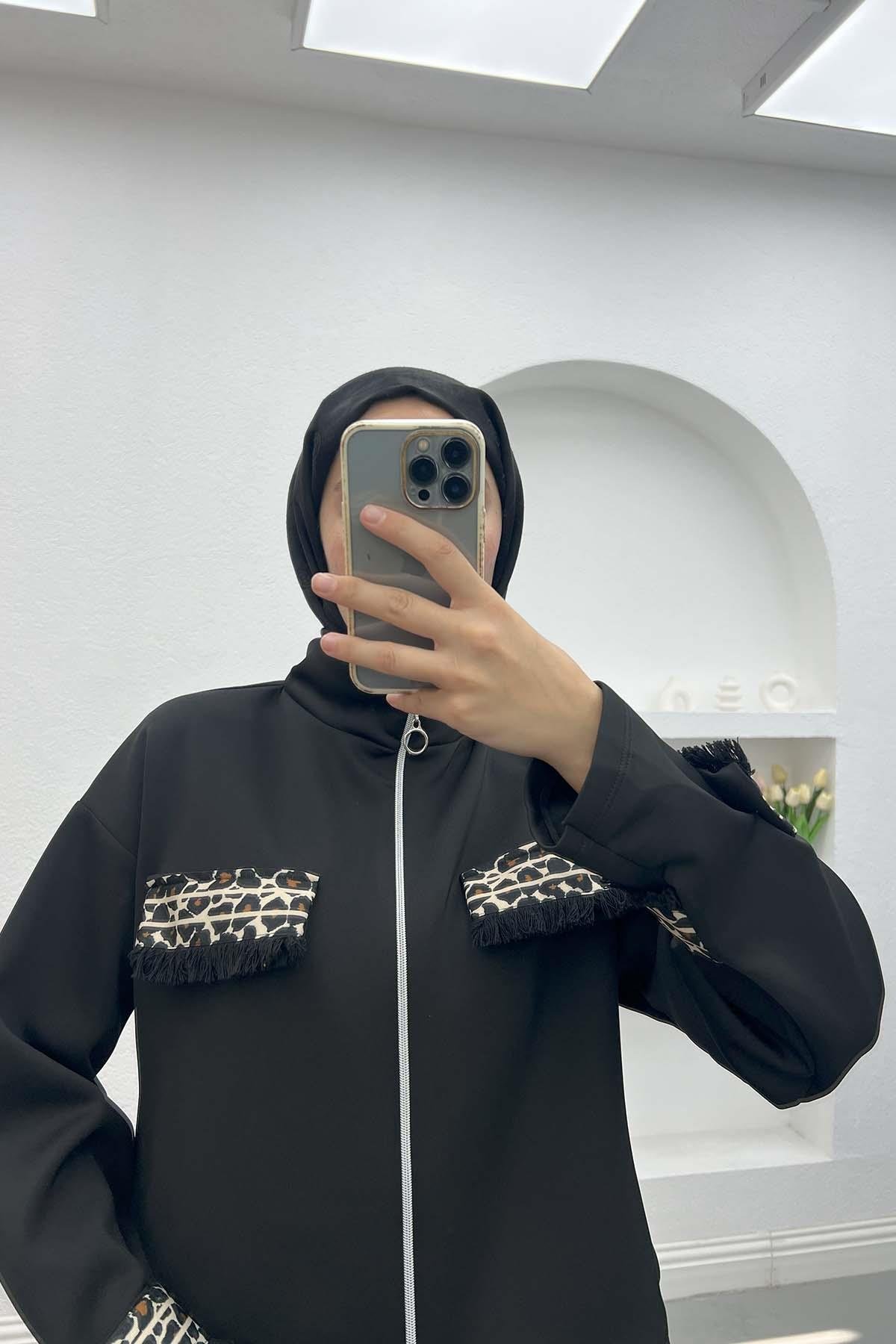 Leopar Cepli Scuba Ceket Siyah