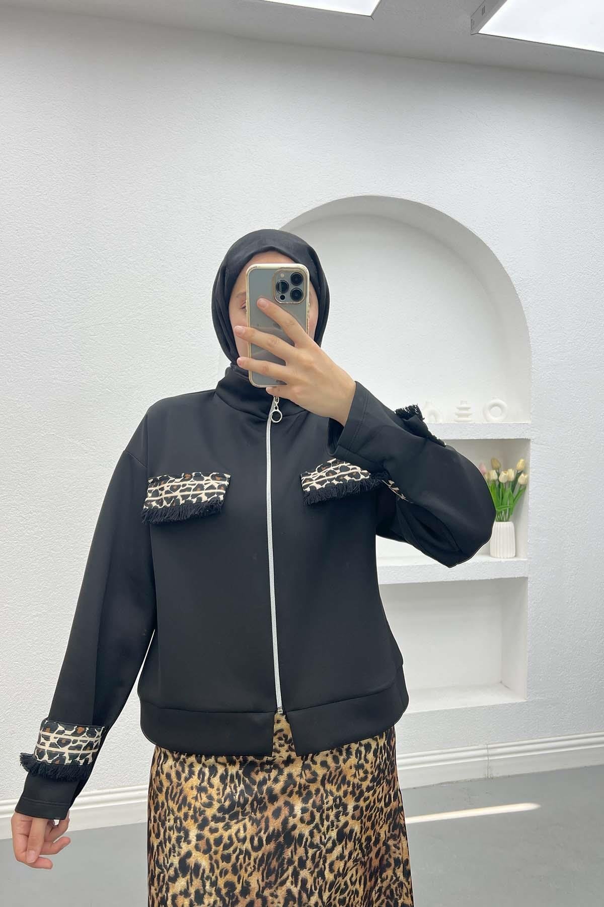 Leopar Cepli Scuba Ceket Siyah