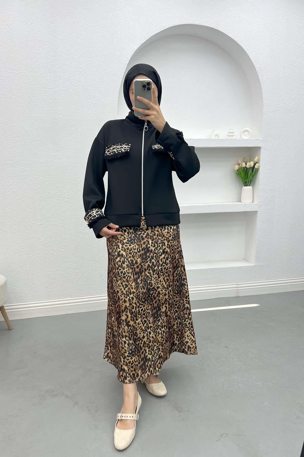 Leopar Cepli Scuba Ceket Siyah
