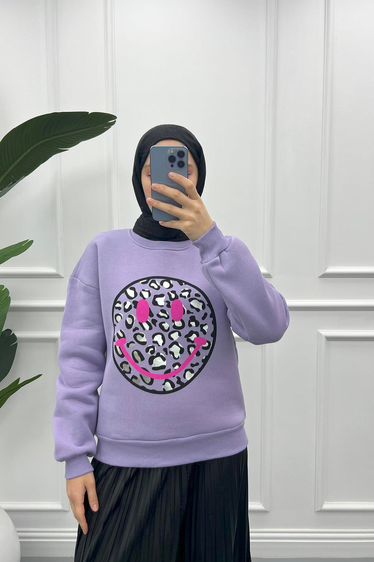 Leopar Desen Sweatshirt Lila