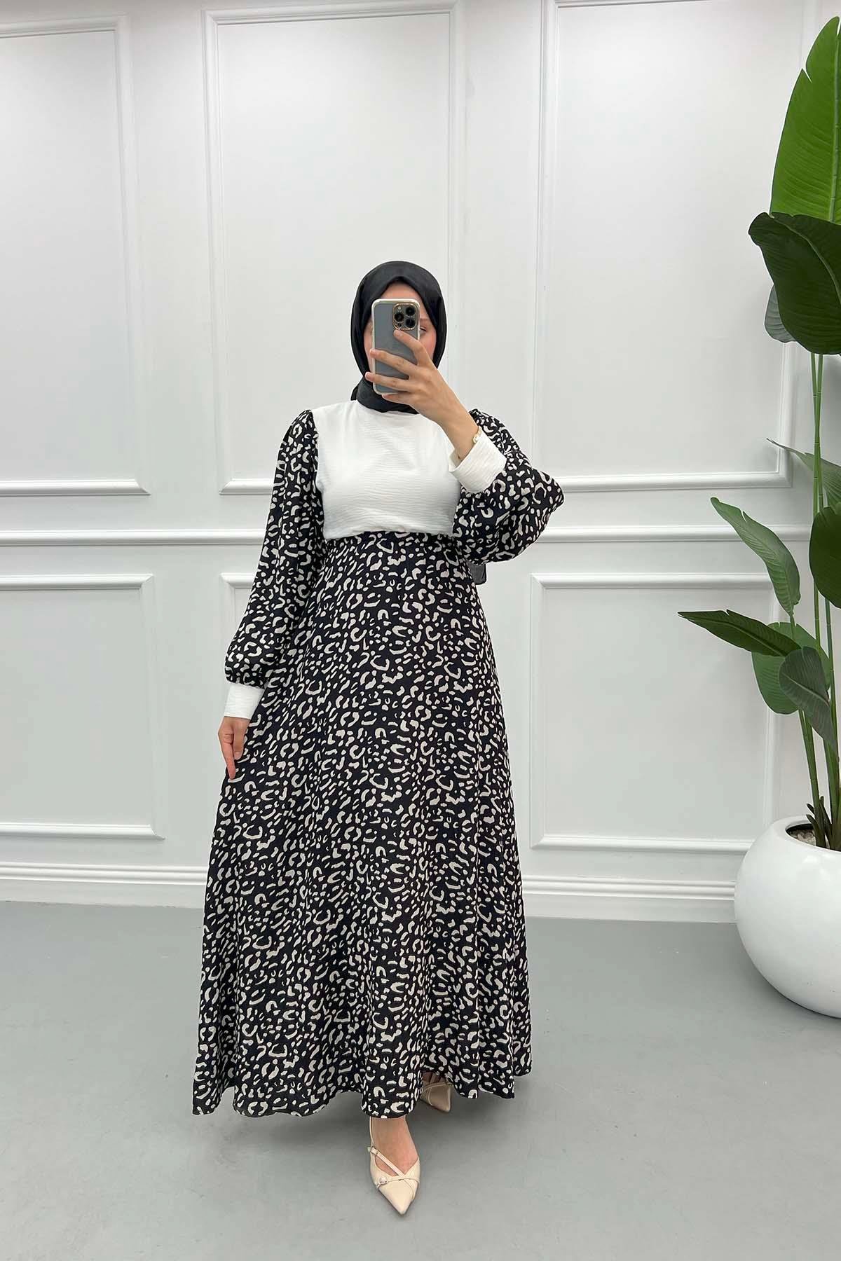 Leopar Desenli Elbise Siyah