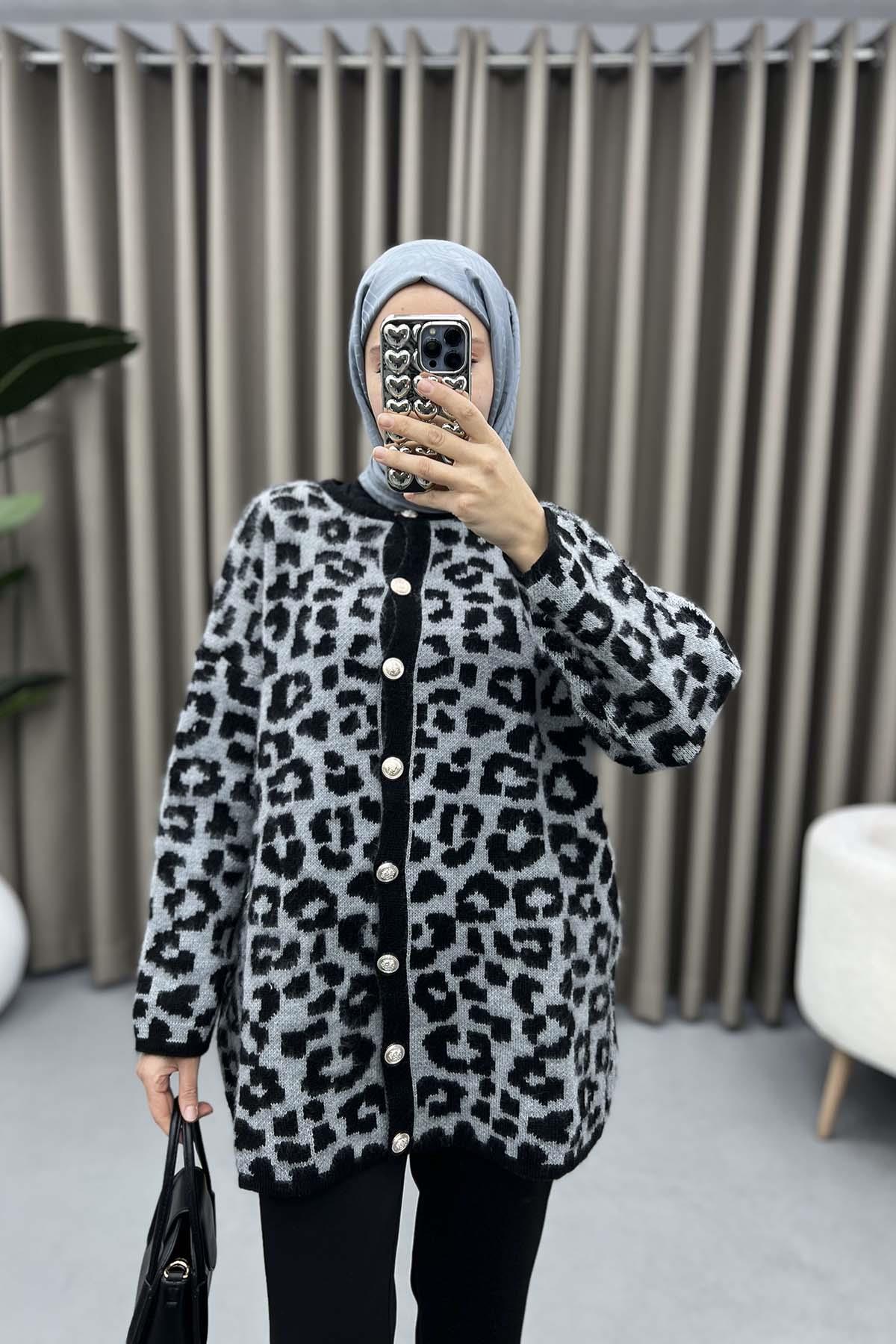 Leopar Desenli Hırka Gri