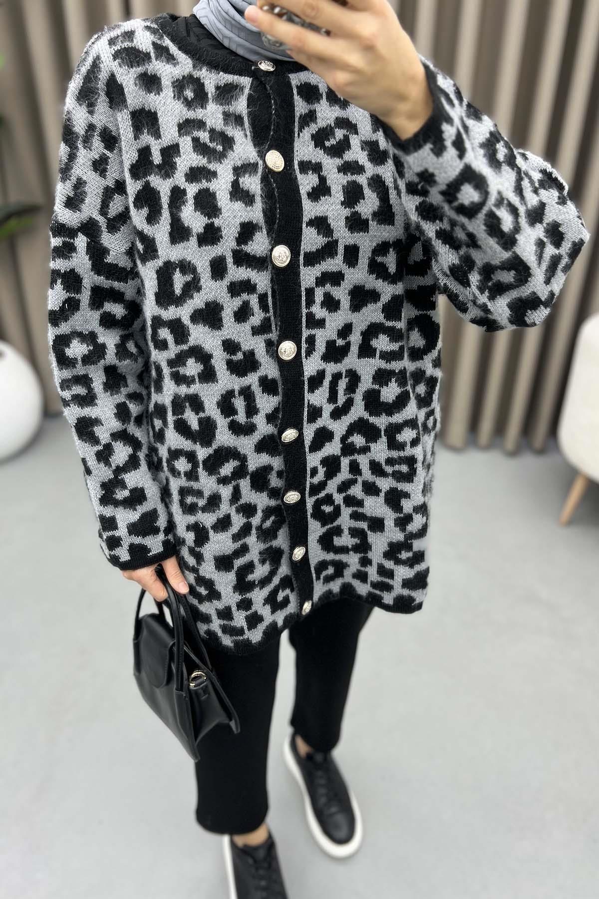 Leopar Desenli Hırka Gri