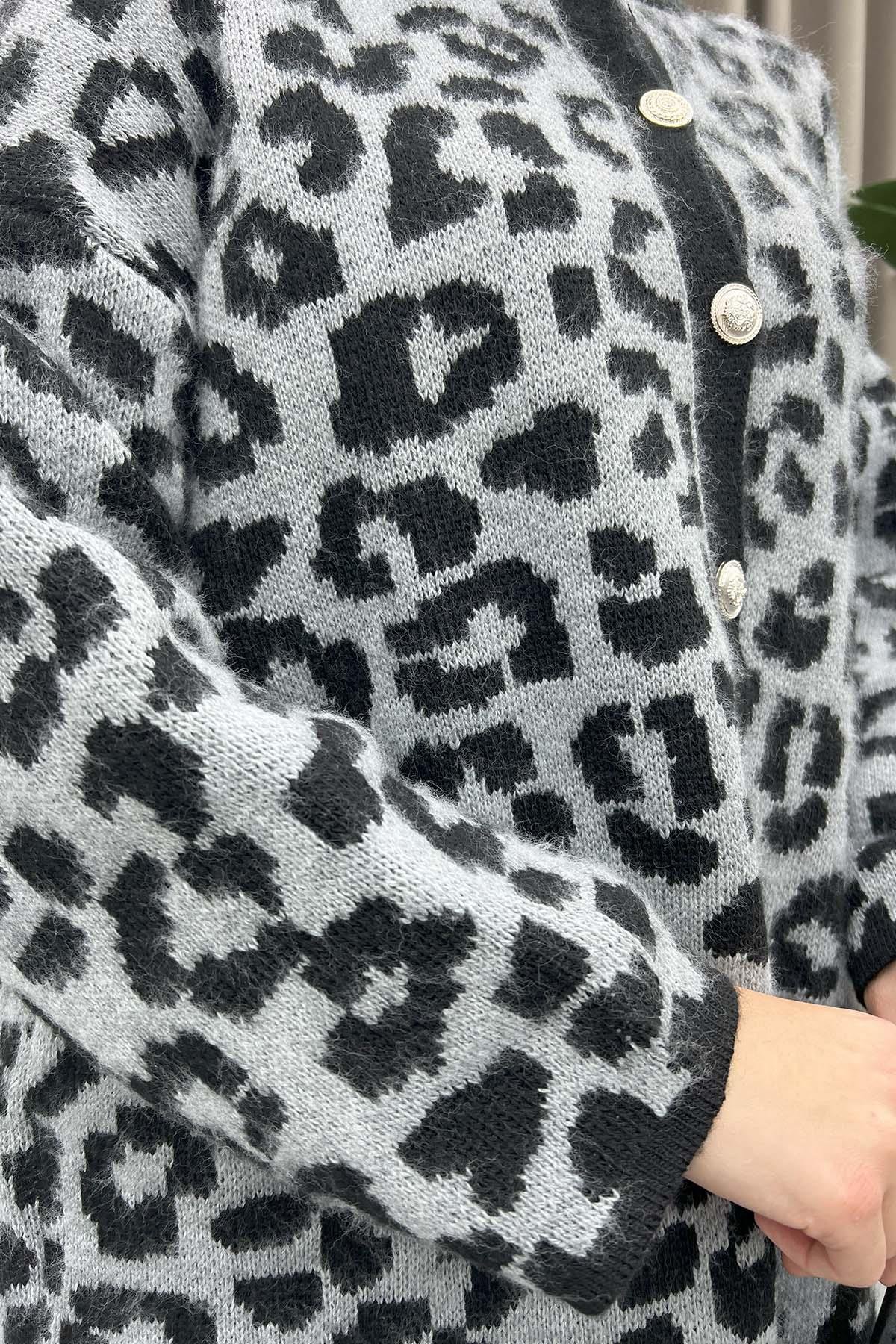 Leopar Desenli Hırka Gri