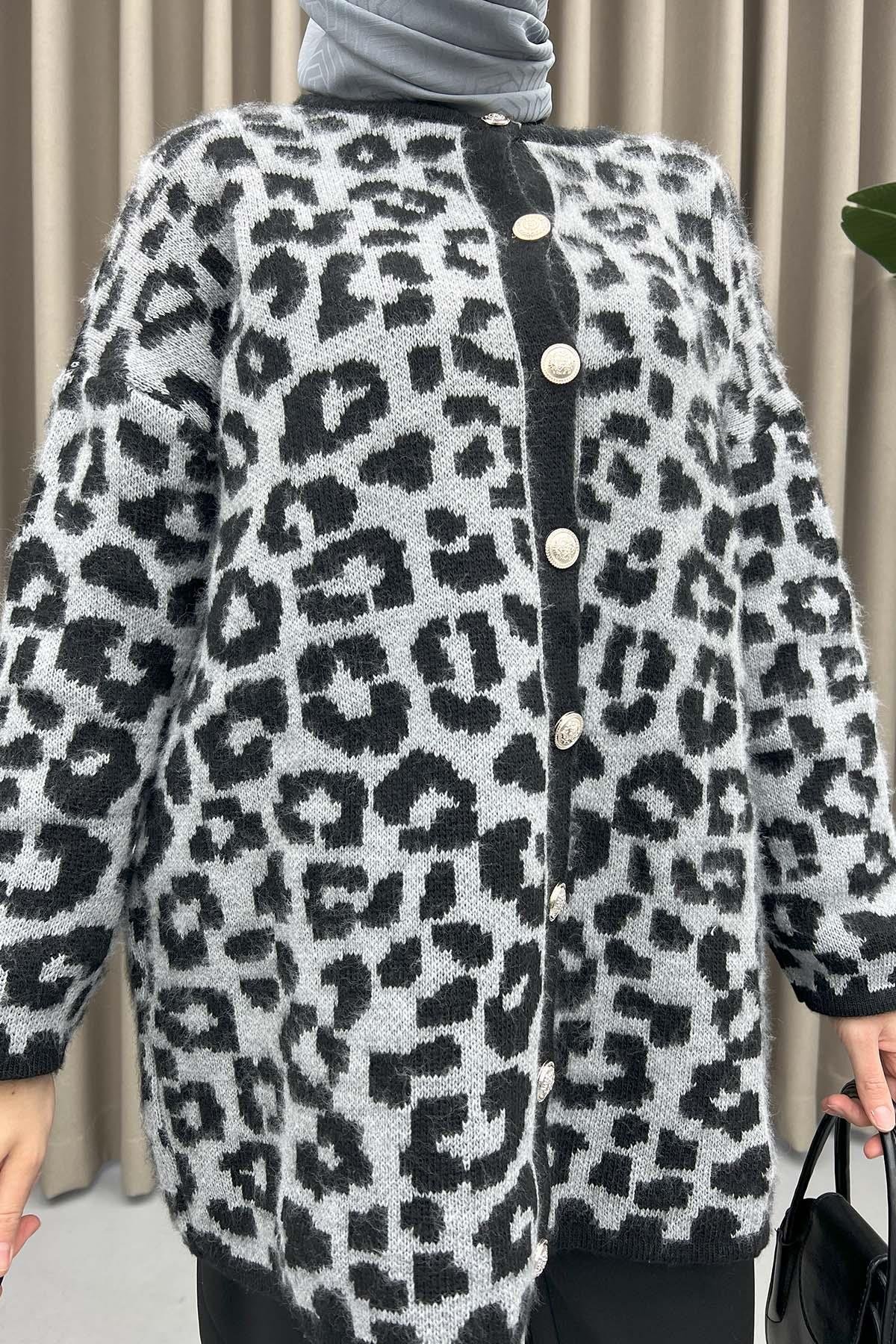 Leopar Desenli Hırka Gri