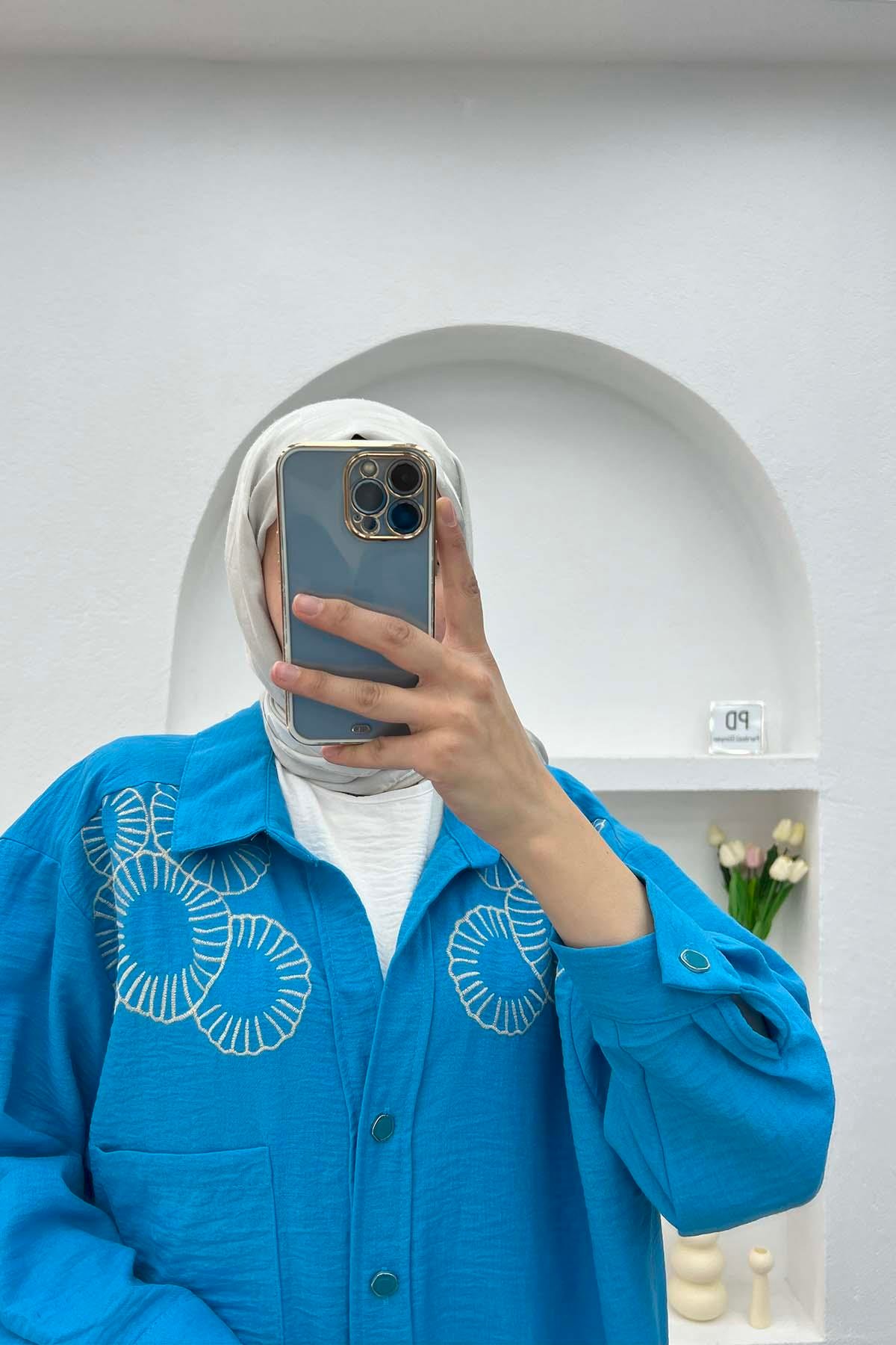 Nakışlı Oversize Gömlek Mavi