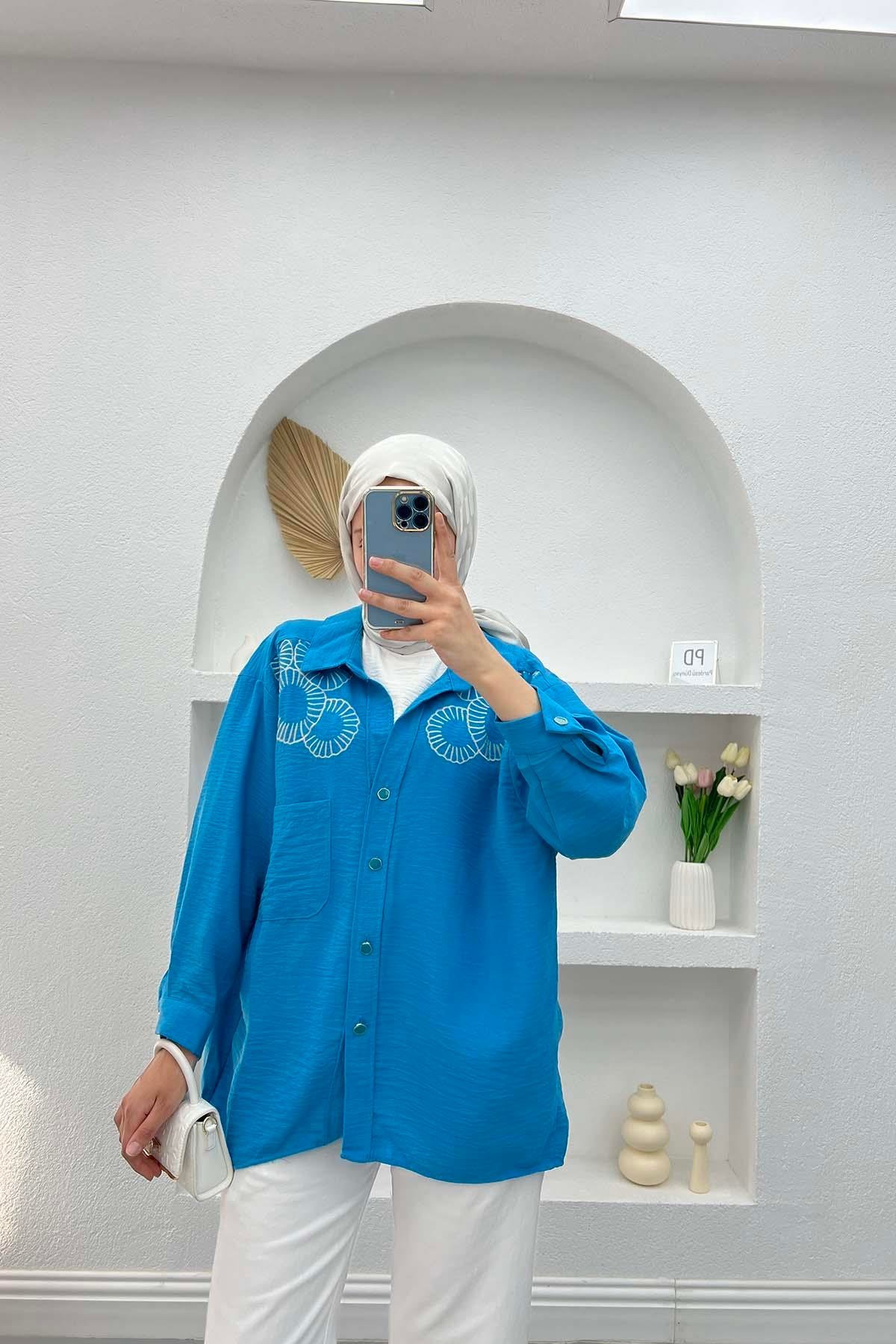 Nakışlı Oversize Gömlek Mavi