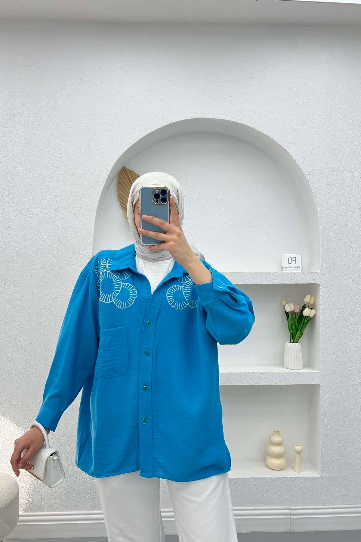 Nakışlı Oversize Gömlek Mavi
