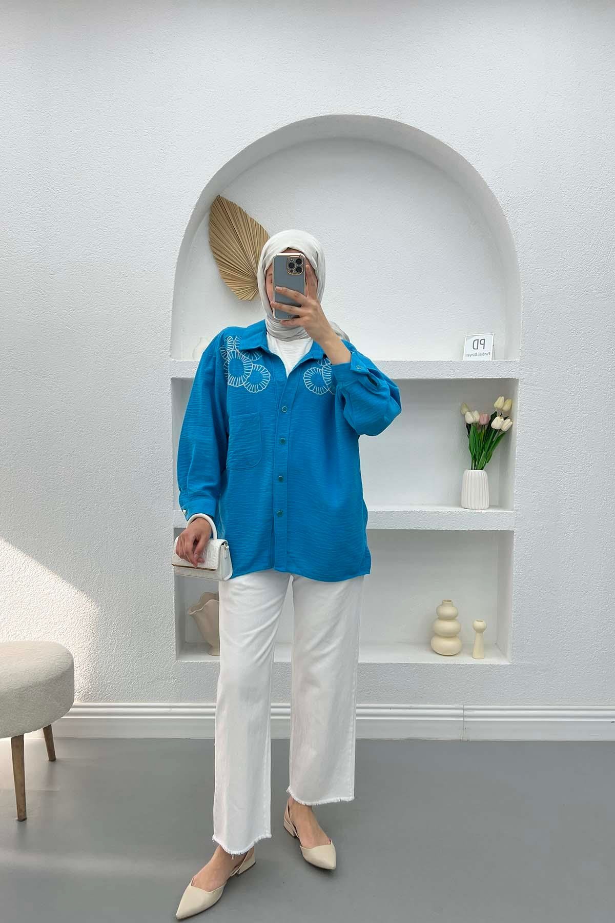 Nakışlı Oversize Gömlek Mavi