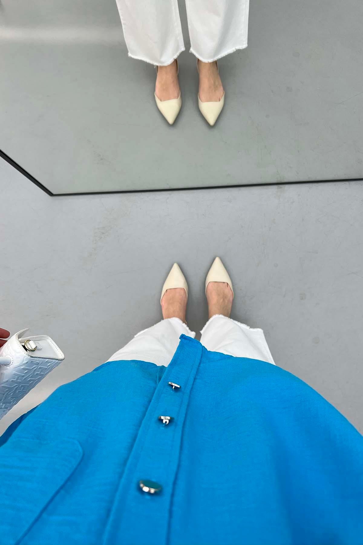 Nakışlı Oversize Gömlek Mavi