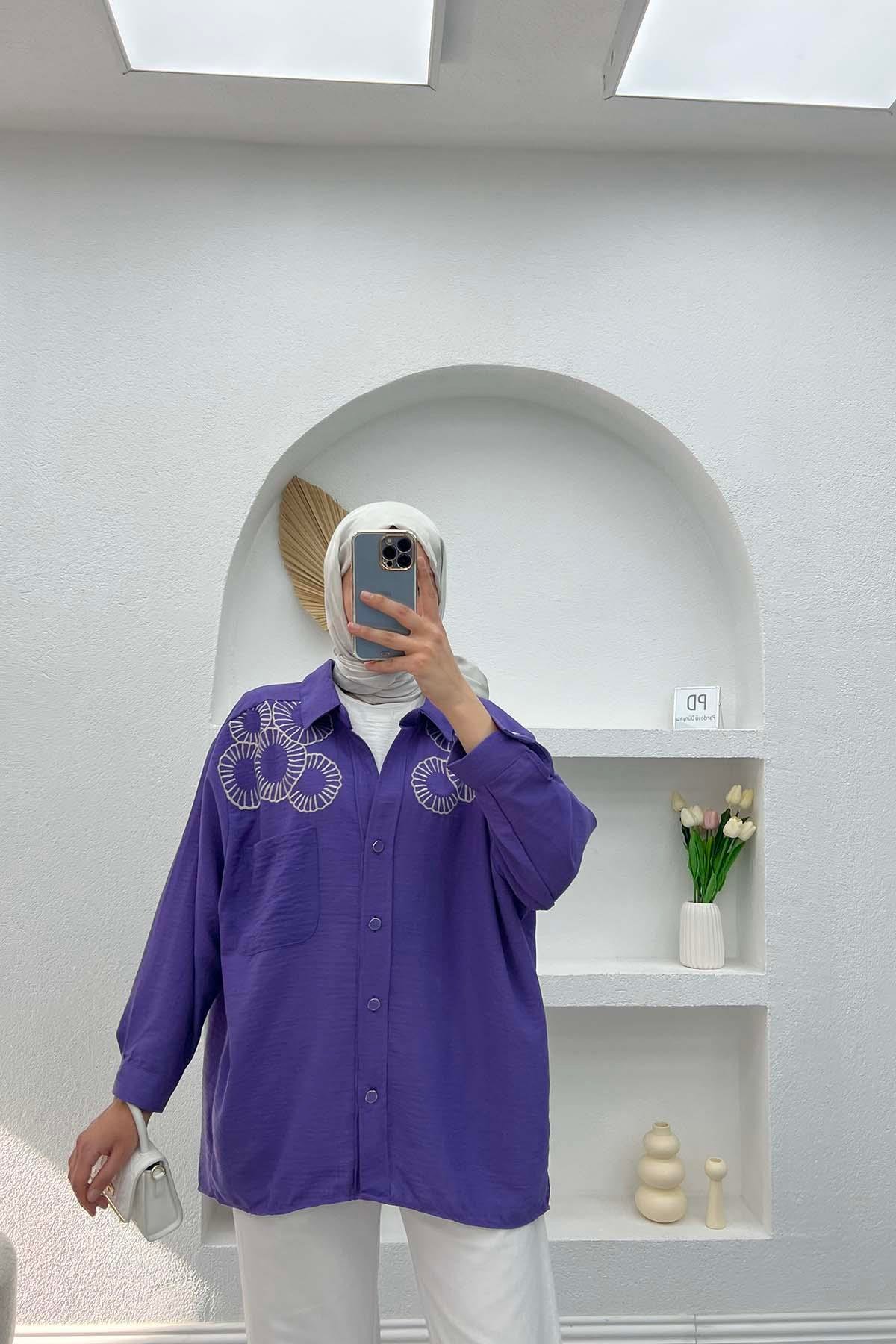 Nakışlı Oversize Gömlek Mor