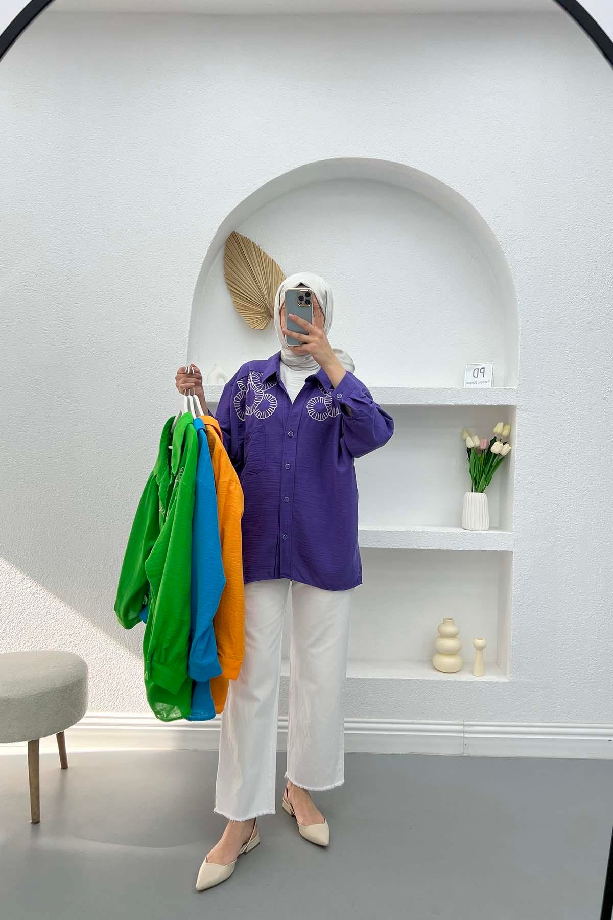 Nakışlı Oversize Gömlek Mor