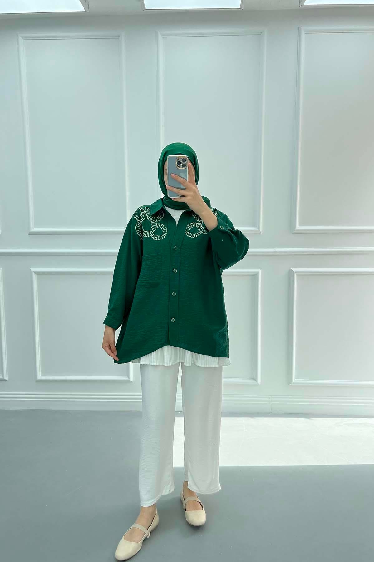 Nakışlı Oversize Gömlek Zümrüt Yeşili