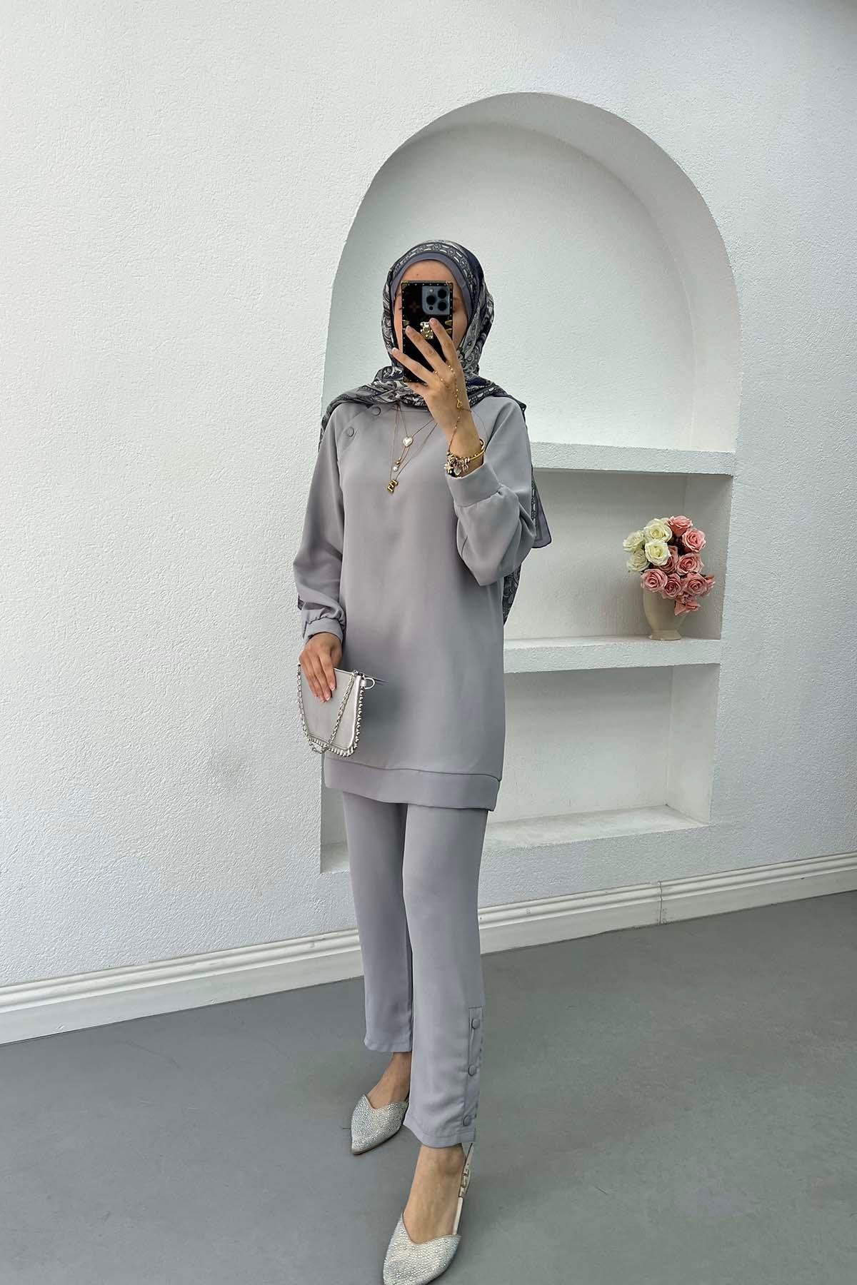 Omuzu Çıtçıtlı Pantalon Takım Gri