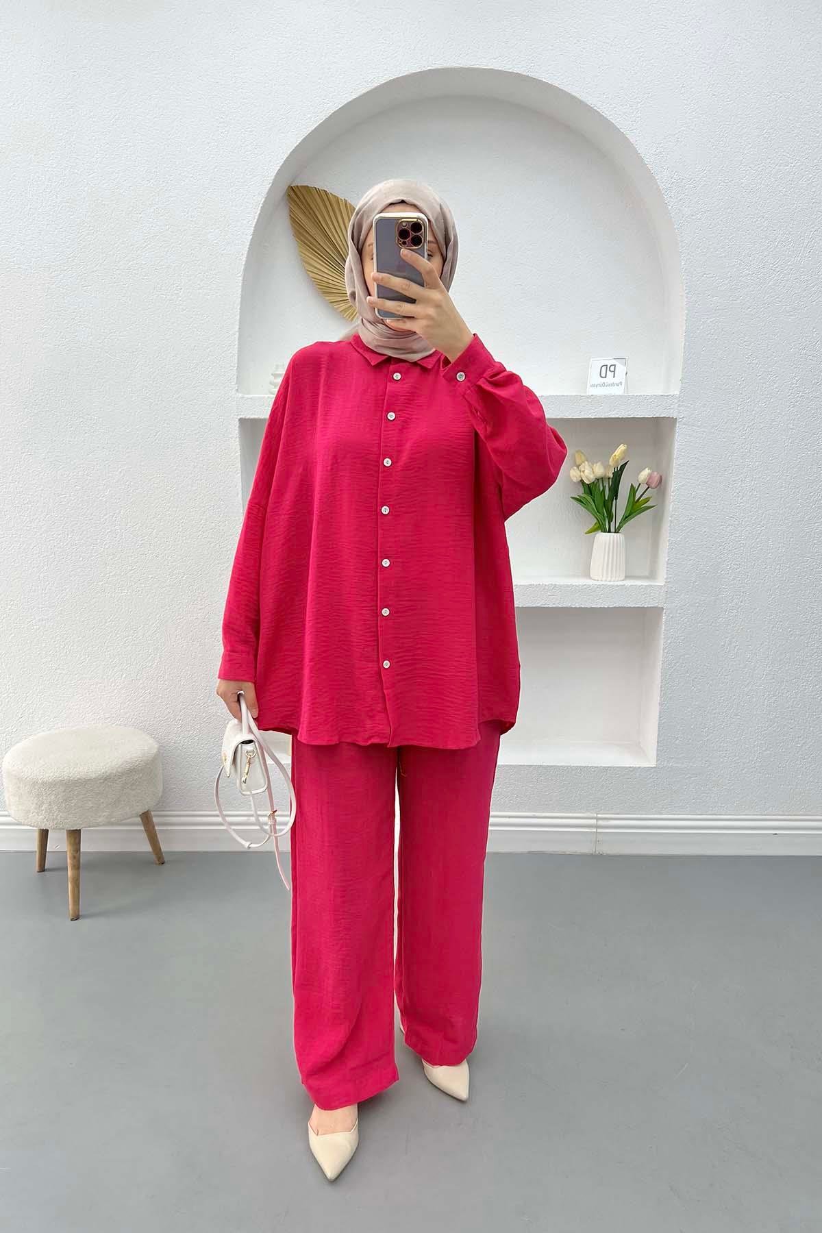Oversize Keten Takım Fuşya