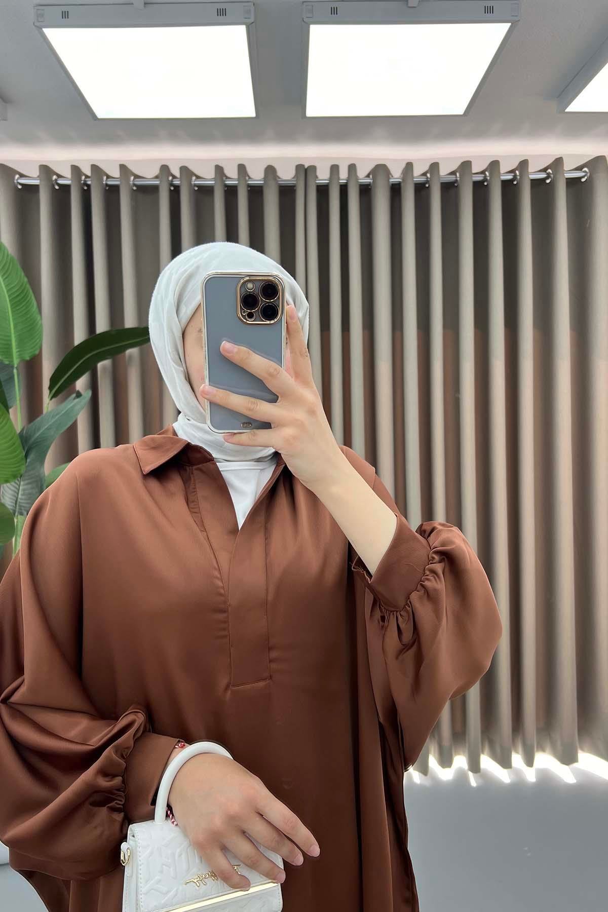 Oversize Saten Gömlek Kahve