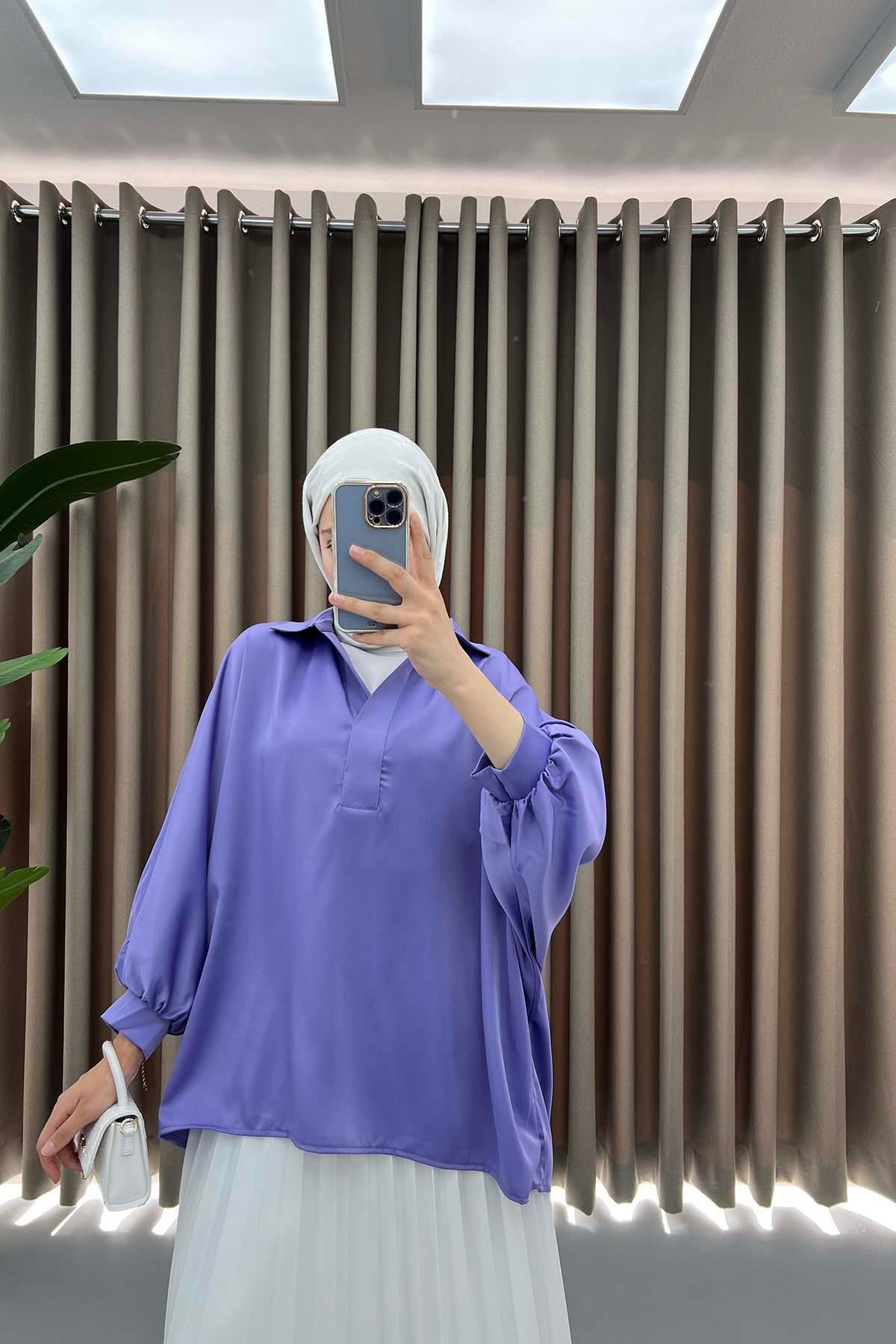 Oversize Saten Gömlek Lila