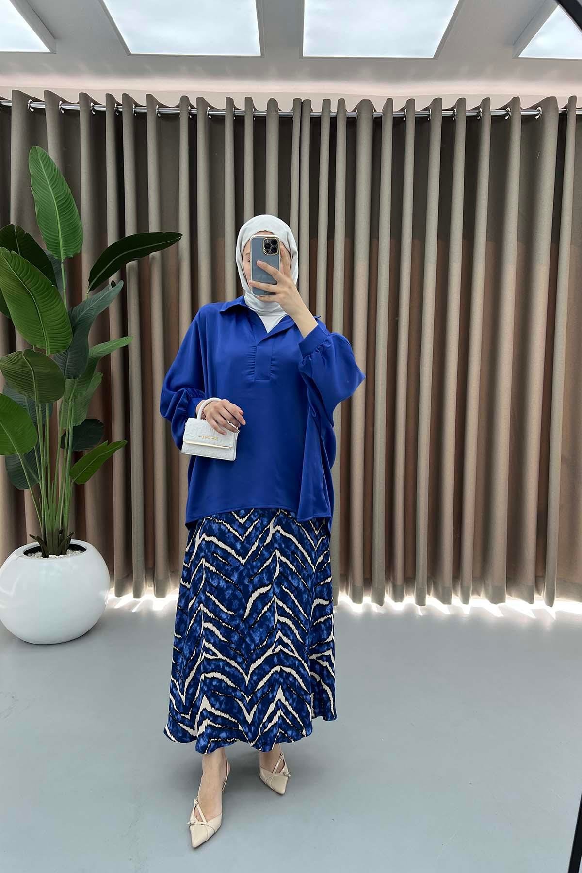 Oversize Saten Gömlek Saks Mavi
