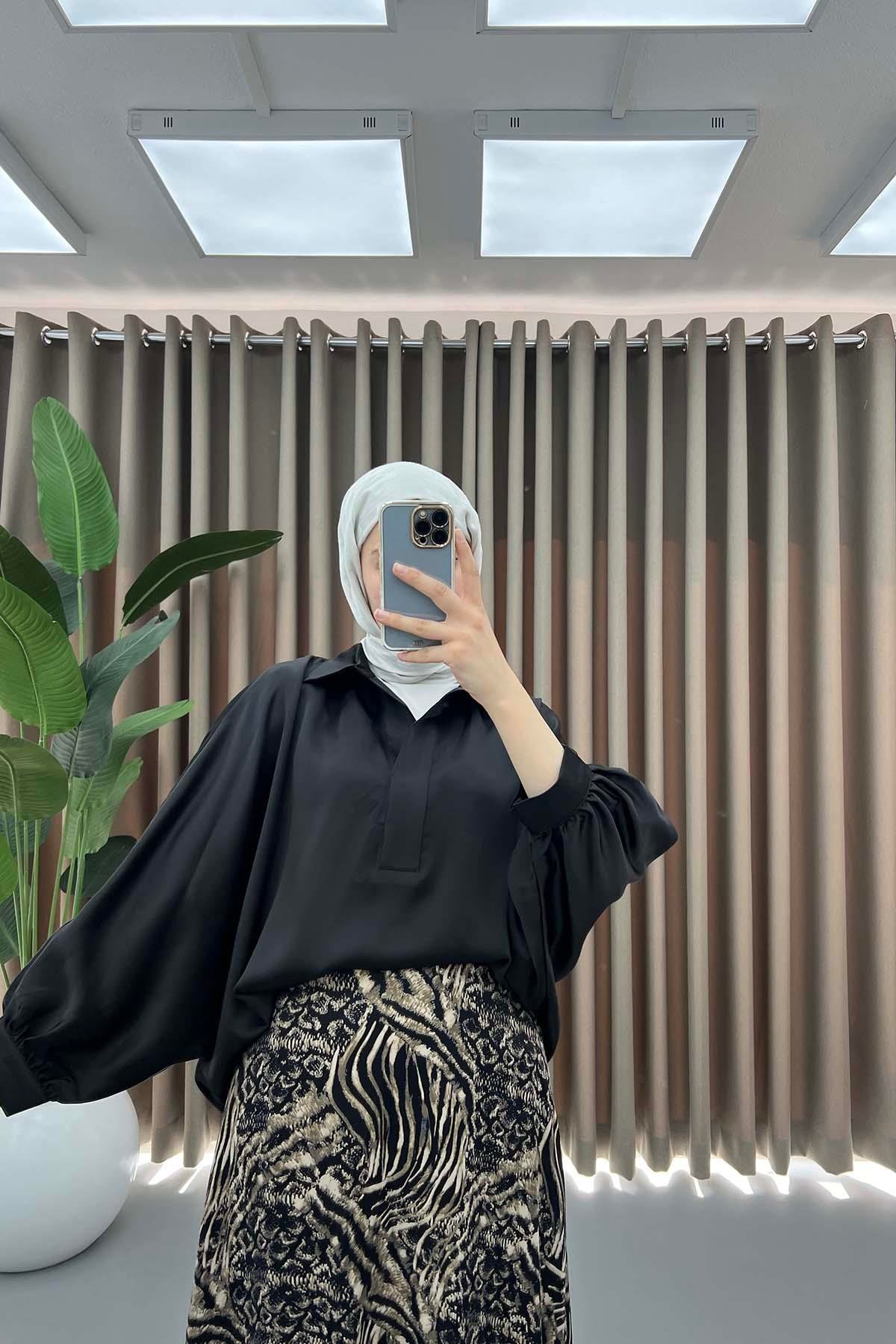 Oversize Saten Gömlek Siyah