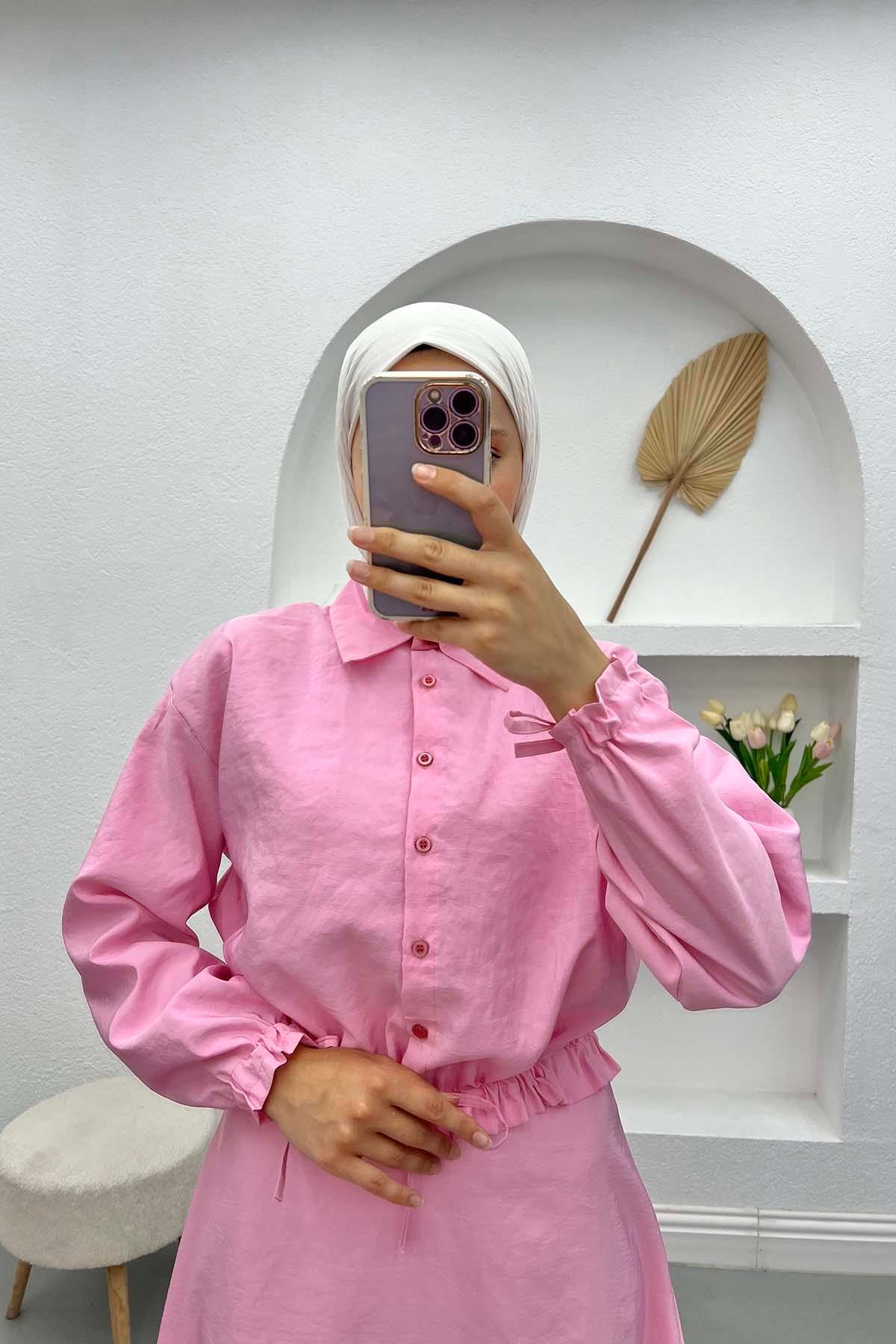 Paraşüt Crop Etek Takım Pembe