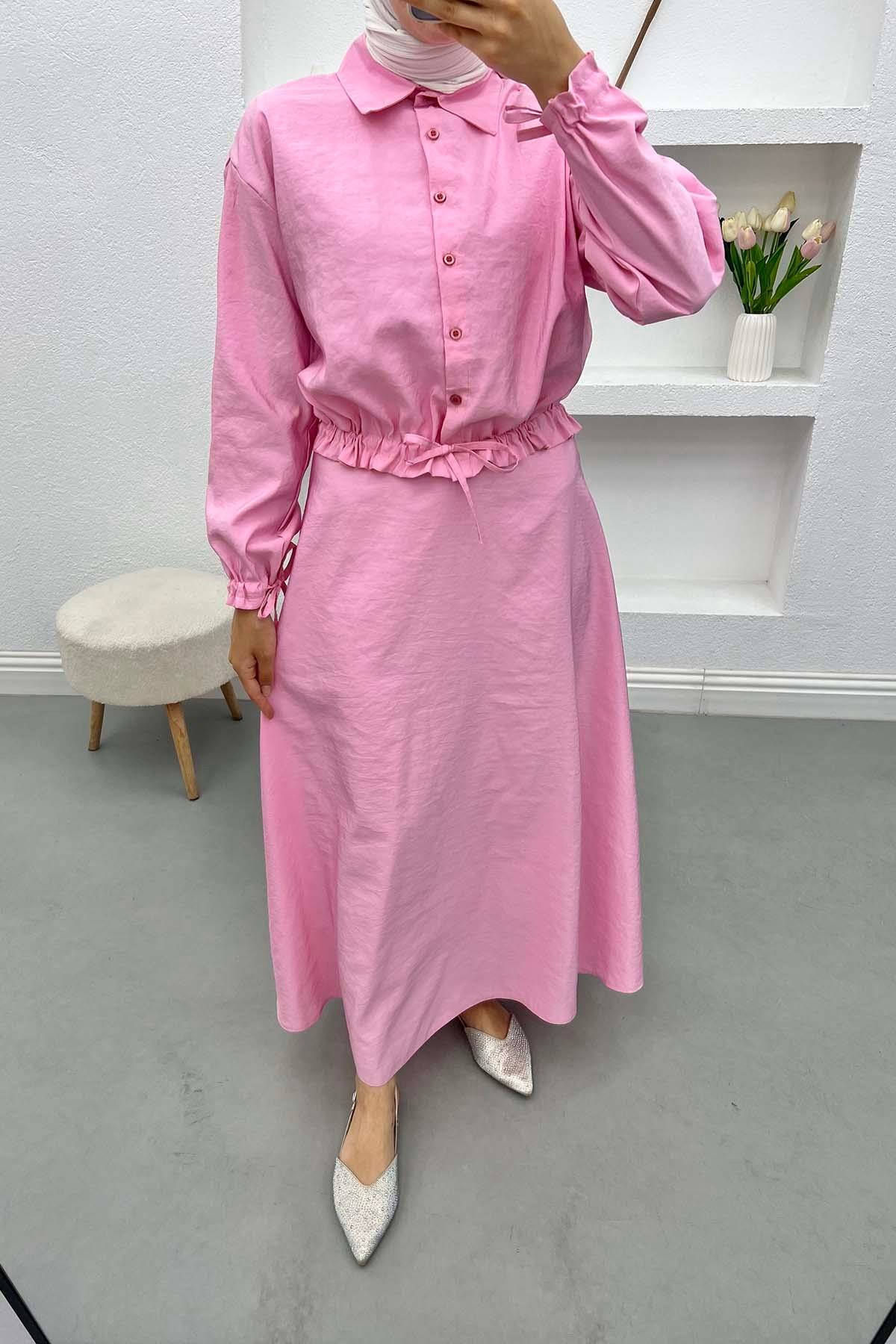 Paraşüt Crop Etek Takım Pembe