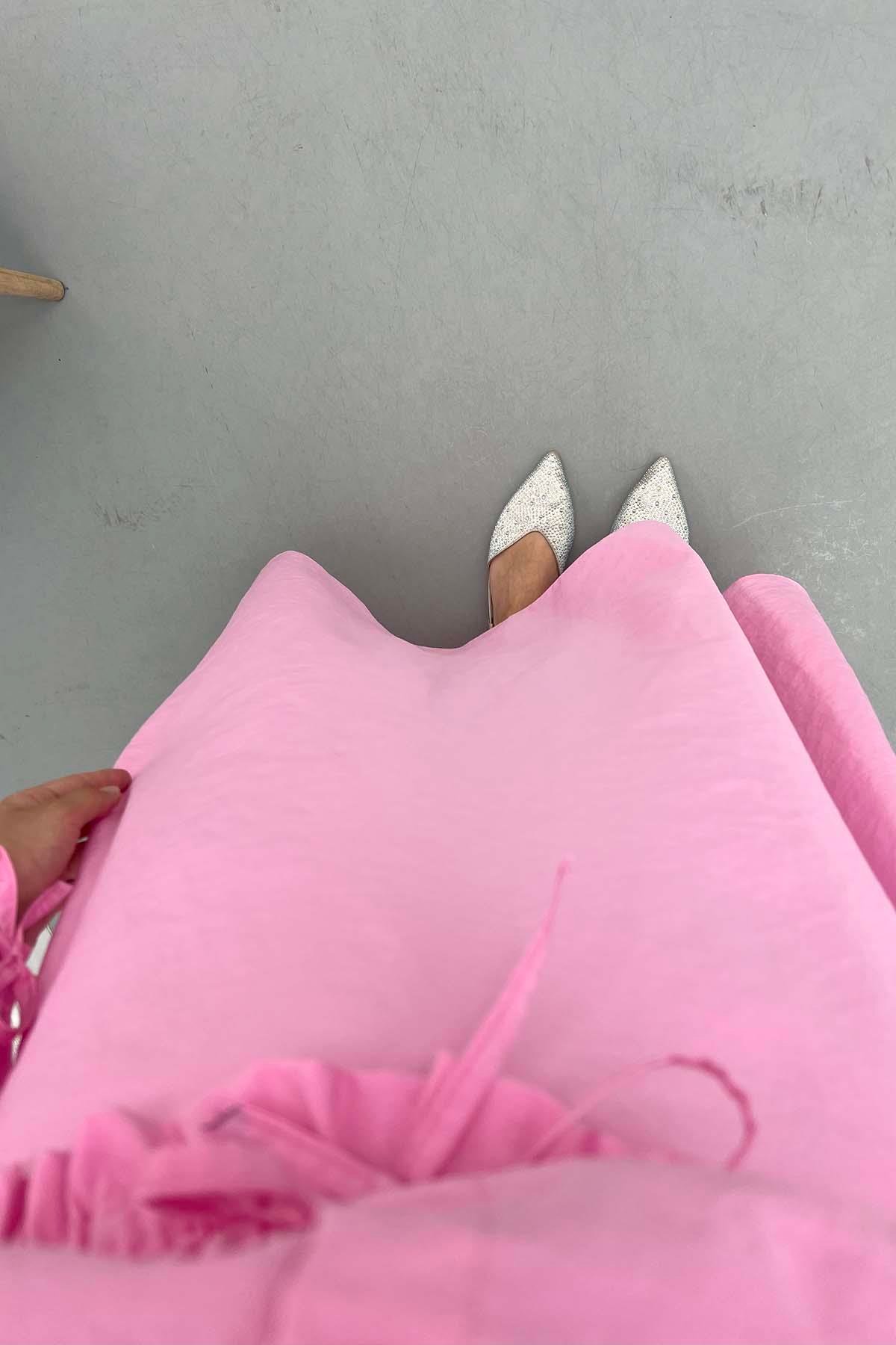 Paraşüt Crop Etek Takım Pembe