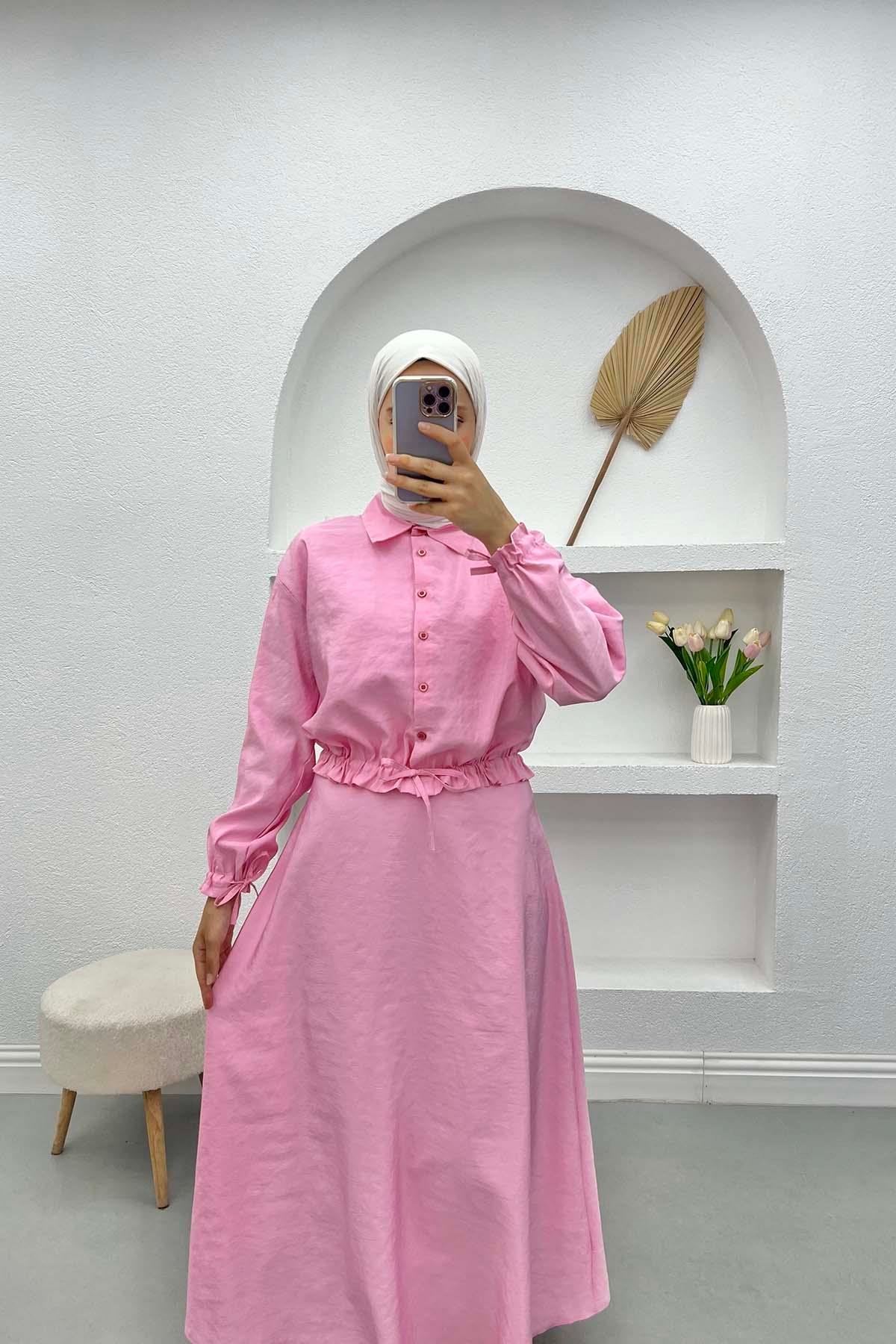 Paraşüt Crop Etek Takım Pembe