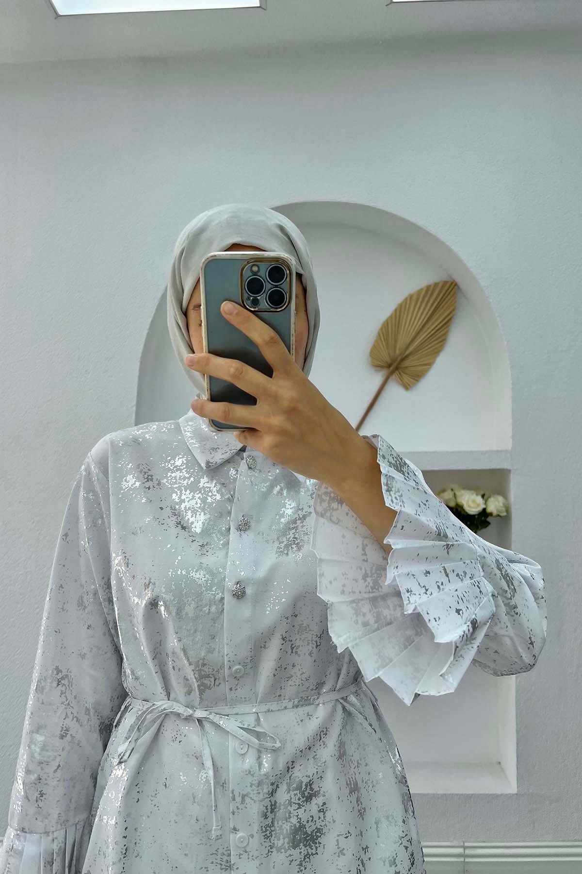 Parlak Desenli Bağlamalı Tunik Beyaz
