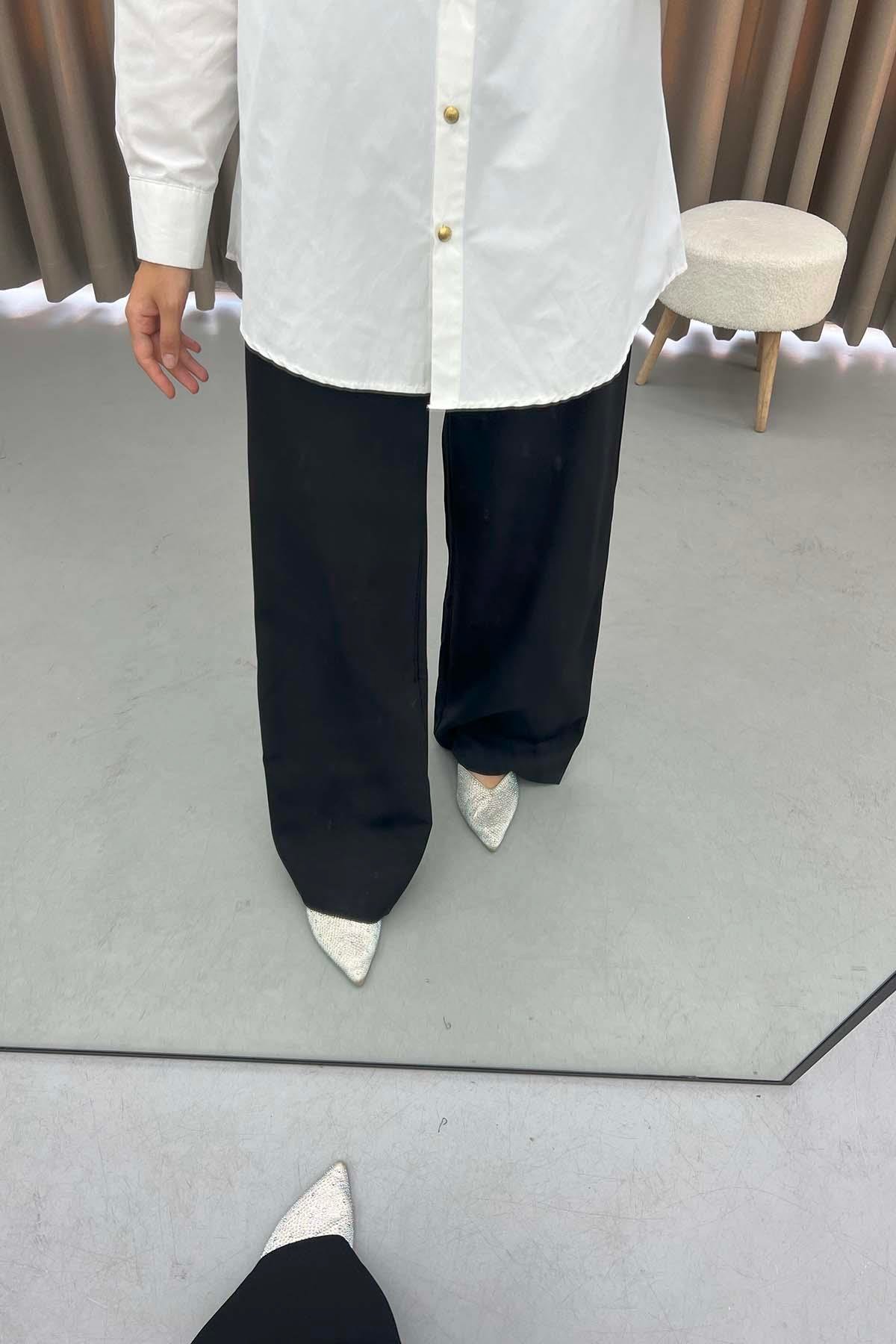 Piliseli Bol Paça Pantolon Siyah
