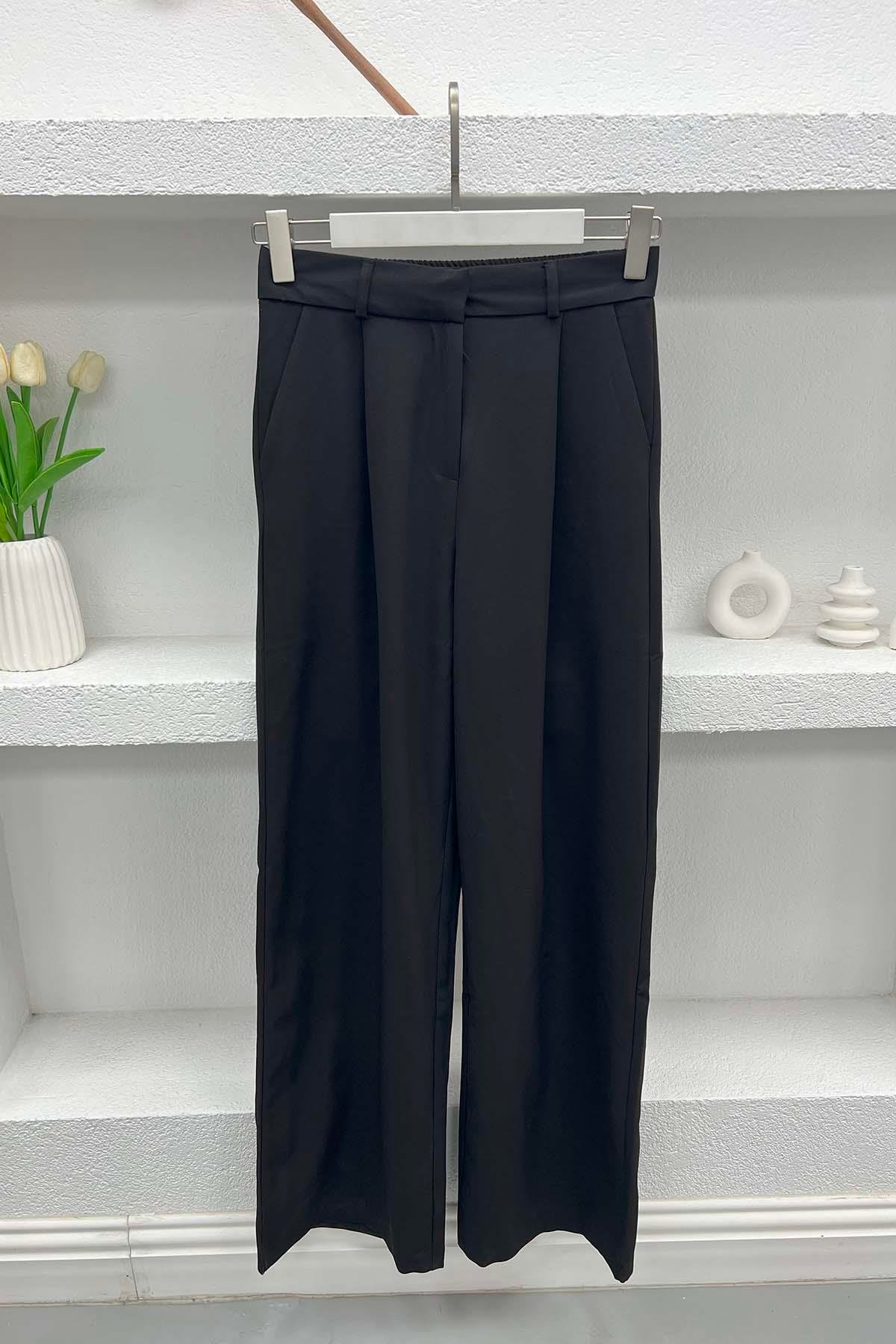 Piliseli Bol Paça Pantolon Siyah